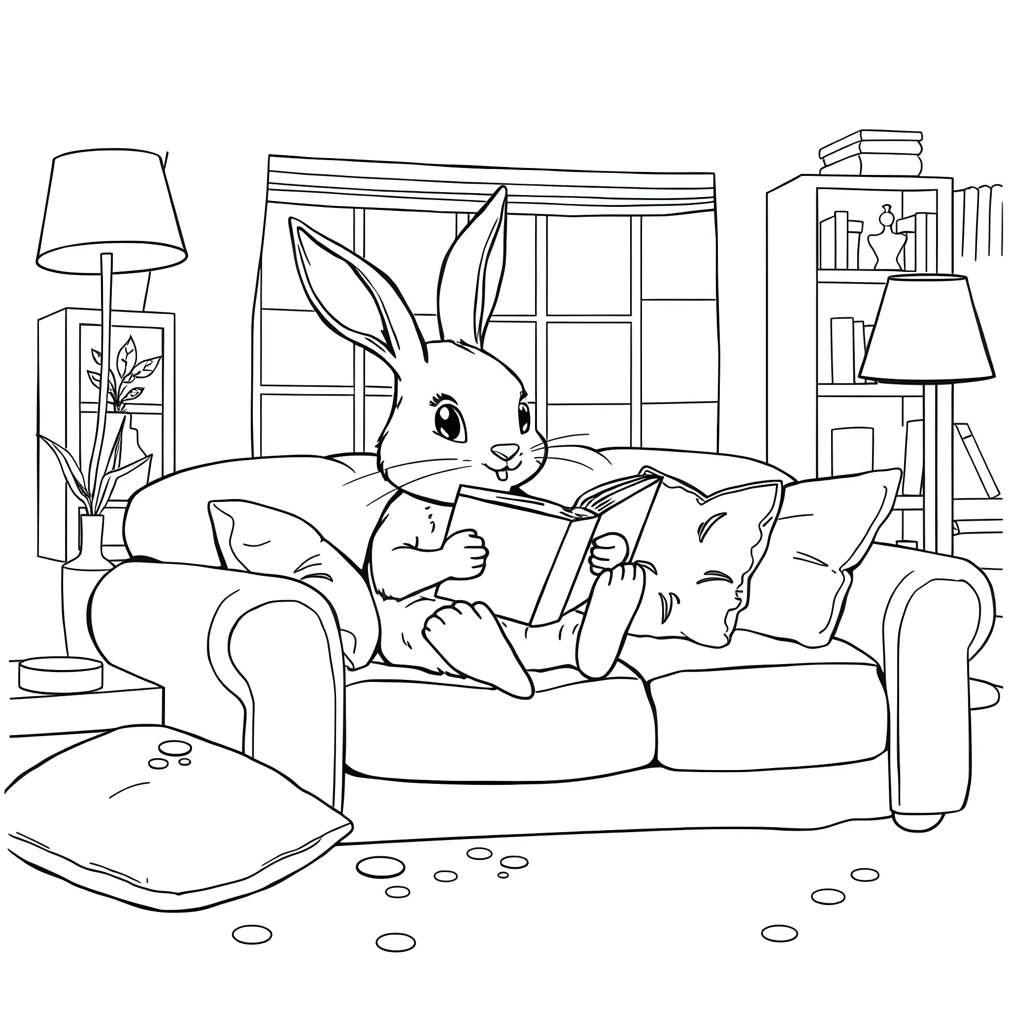 Rabbit reading a book in a cozy living room Coloring Page (free black-and-white line drawing printable PDF for all, from beginners to advanced learners, including children, teens, adults, and seniors)