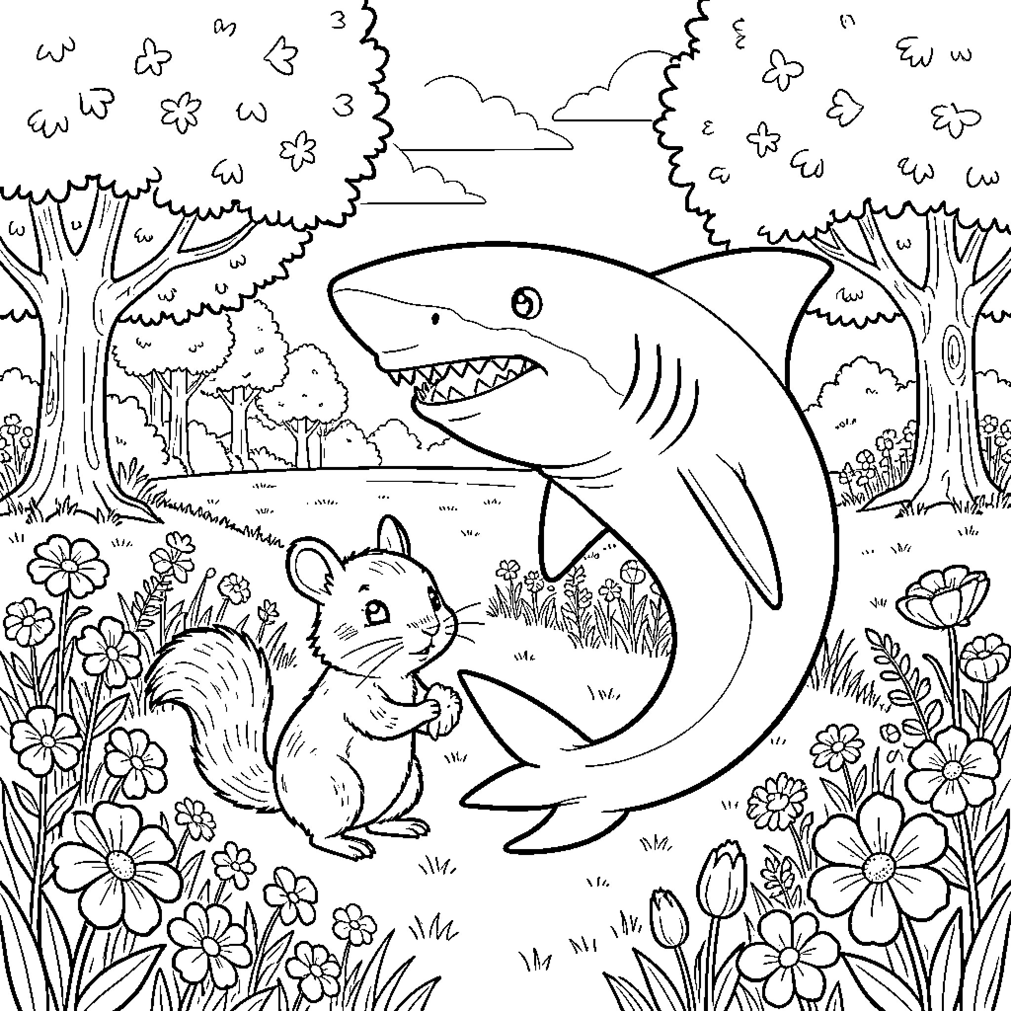 Squirrel encountering a playful shark in a flowery meadow Coloring Page (free black-and-white line drawing printable PDF for all, from beginners to advanced learners, including children, teens, adults, and seniors)