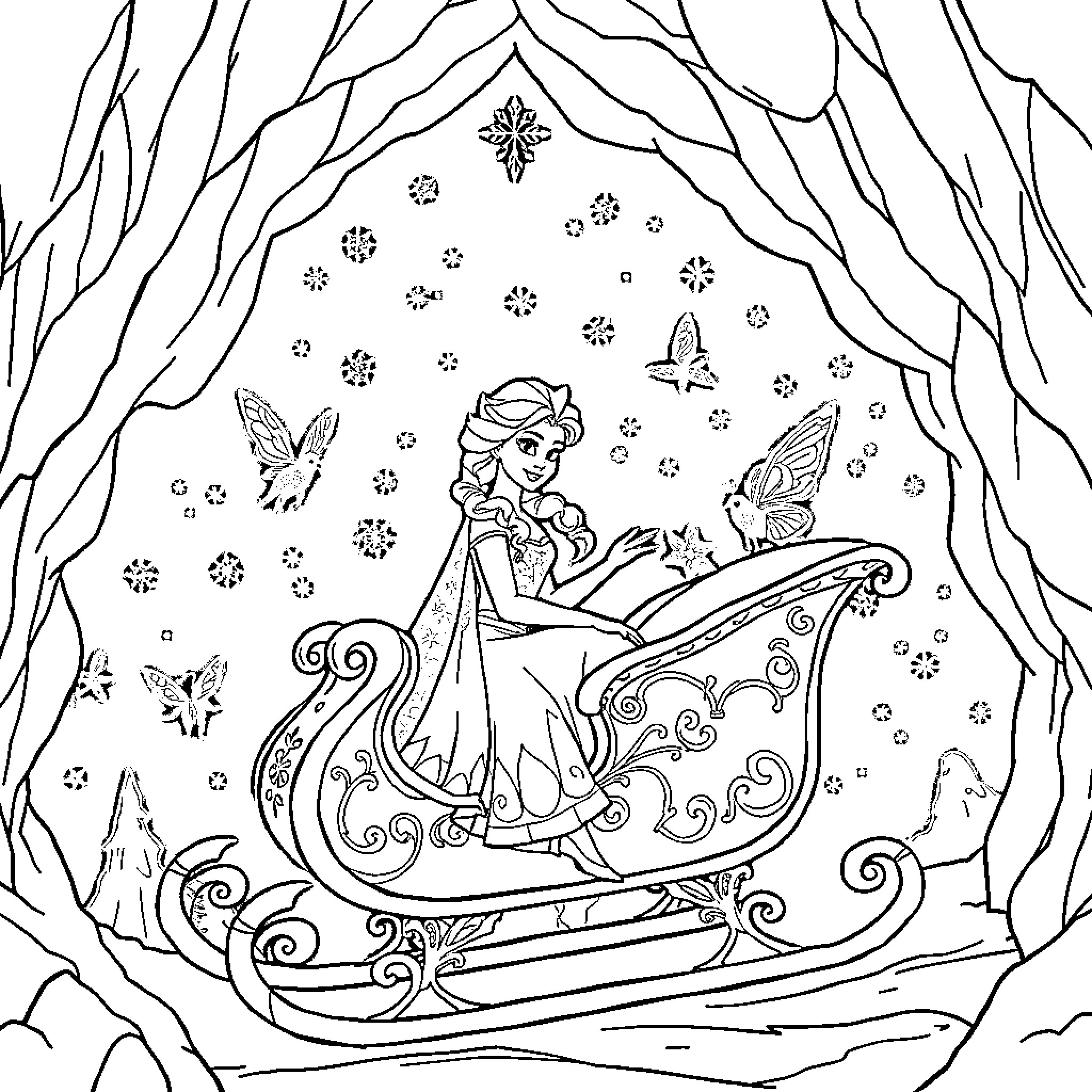 Elsa's Enchanted Winter Sleigh Ride Coloring Page (free black-and-white line drawing printable PDF for all, from beginners to advanced learners, including children, teens, adults, and seniors)