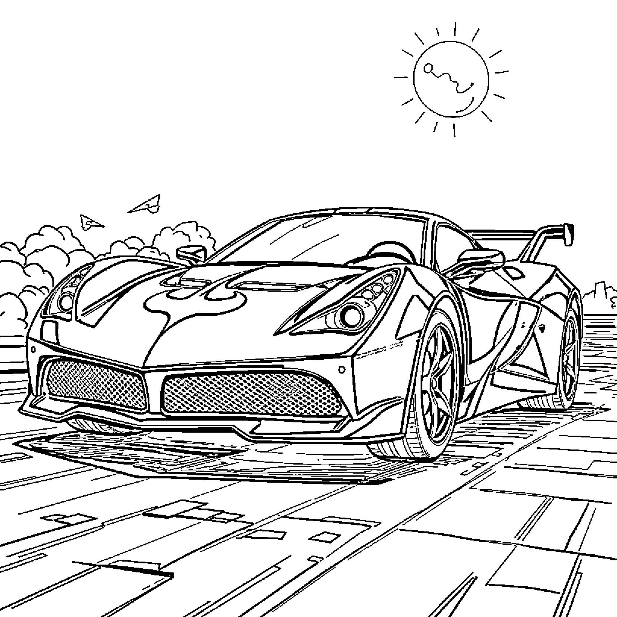 Batman Car Racing on the Street Coloring Page (free black-and-white line drawing printable PDF for all, from beginners to advanced learners, including children, teens, adults, and seniors)