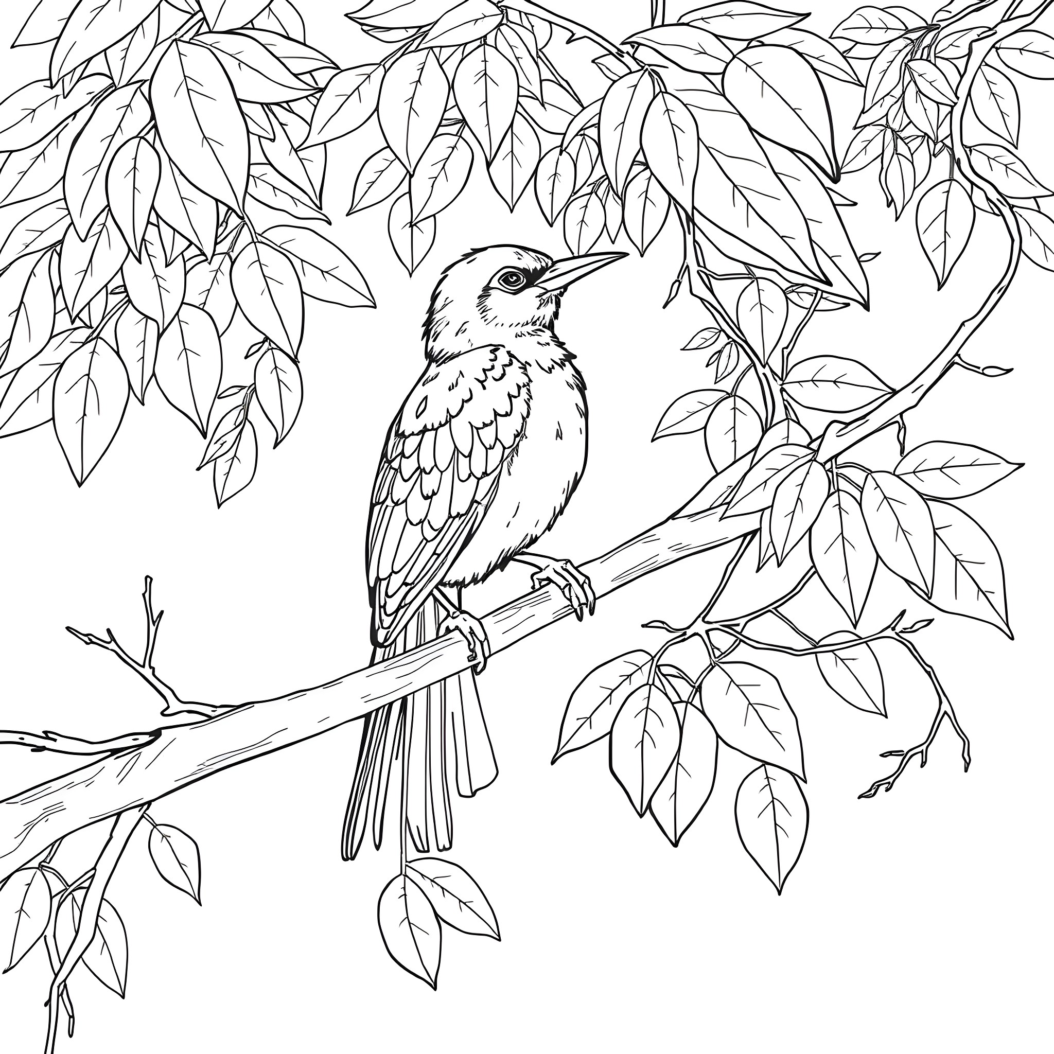 Oriolus bird perching amidst lush foliage Coloring Page (free black-and-white line drawing printable PDF for all, from beginners to advanced learners, including children, teens, adults, and seniors)