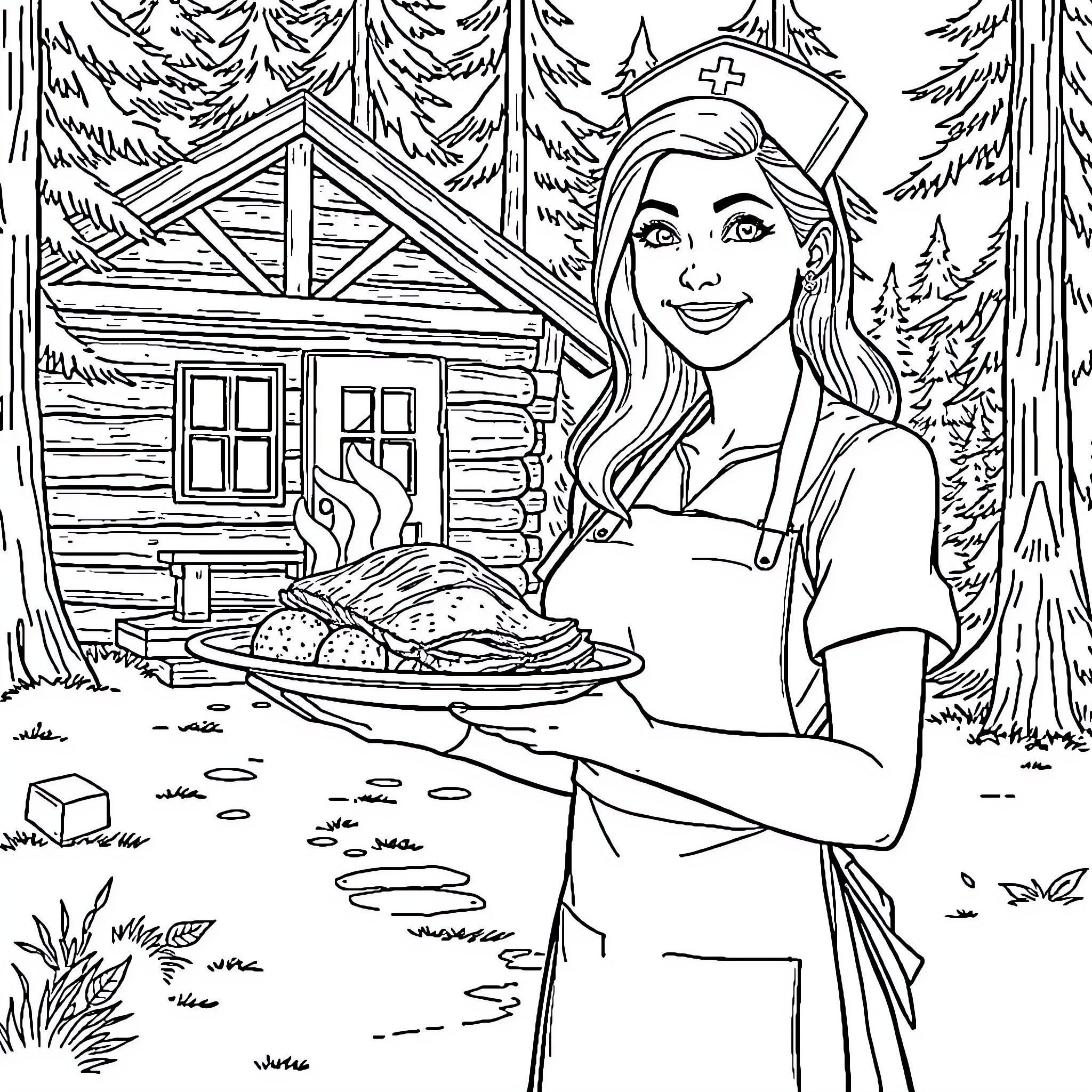 Nurse Serving Thanksgiving Meal in Woodland Cabin Coloring Page (free black-and-white line drawing printable PDF for all, from beginners to advanced learners, including children, teens, adults, and seniors)