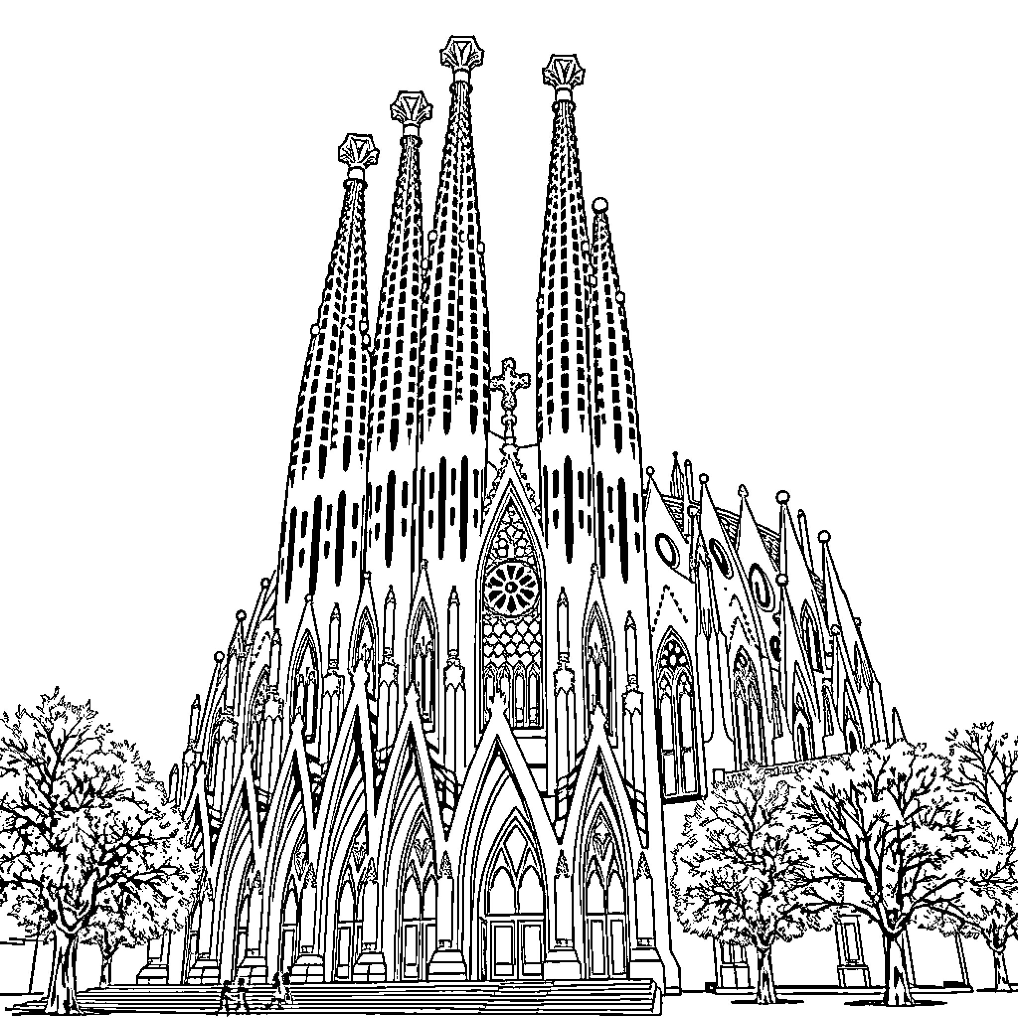 Sagrada Familia - Architectural Masterpiece Coloring Page (free black-and-white line drawing printable PDF for all, from beginners to advanced learners, including children, teens, adults, and seniors)