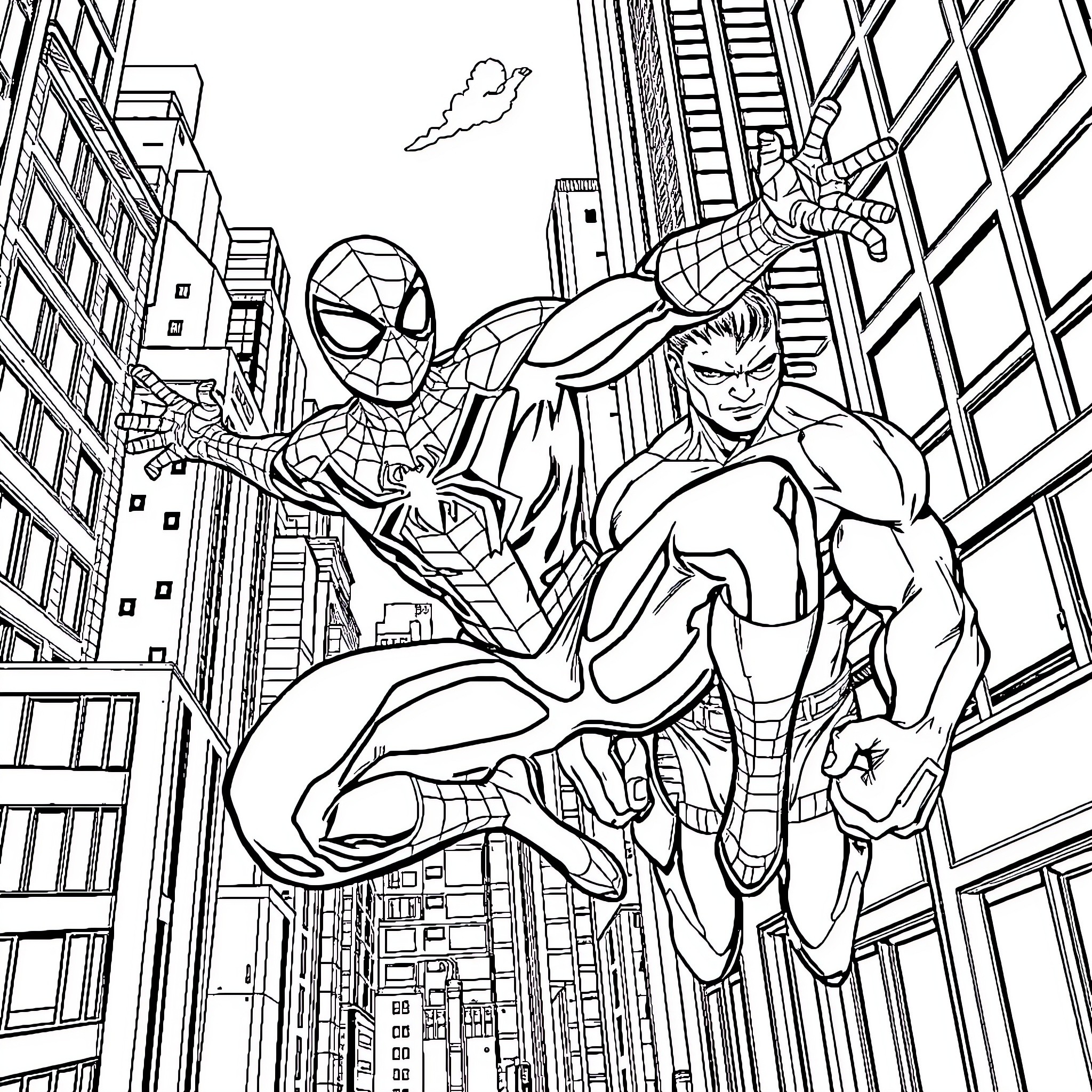 Spiderman and superhero duo soar through city skyline Coloring Page (free black-and-white line drawing printable PDF for all, from beginners to advanced learners, including children, teens, adults, and seniors)
