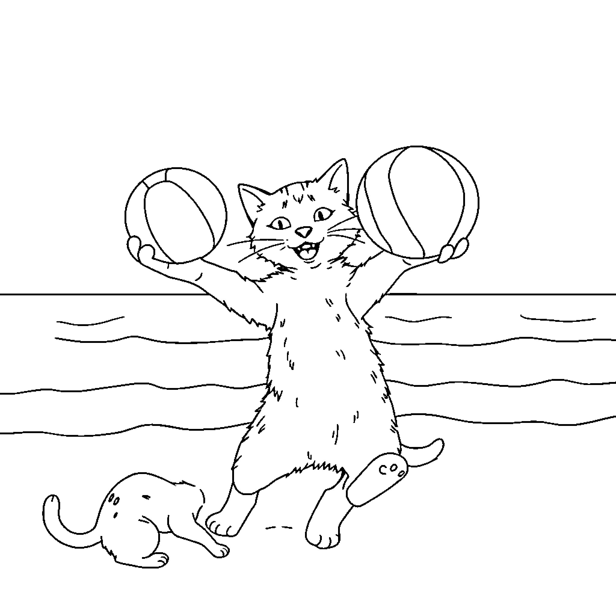 Gato playing with toys in the water Coloring Page (free black-and-white line drawing printable PDF for all, from beginners to advanced learners, including children, teens, adults, and seniors)