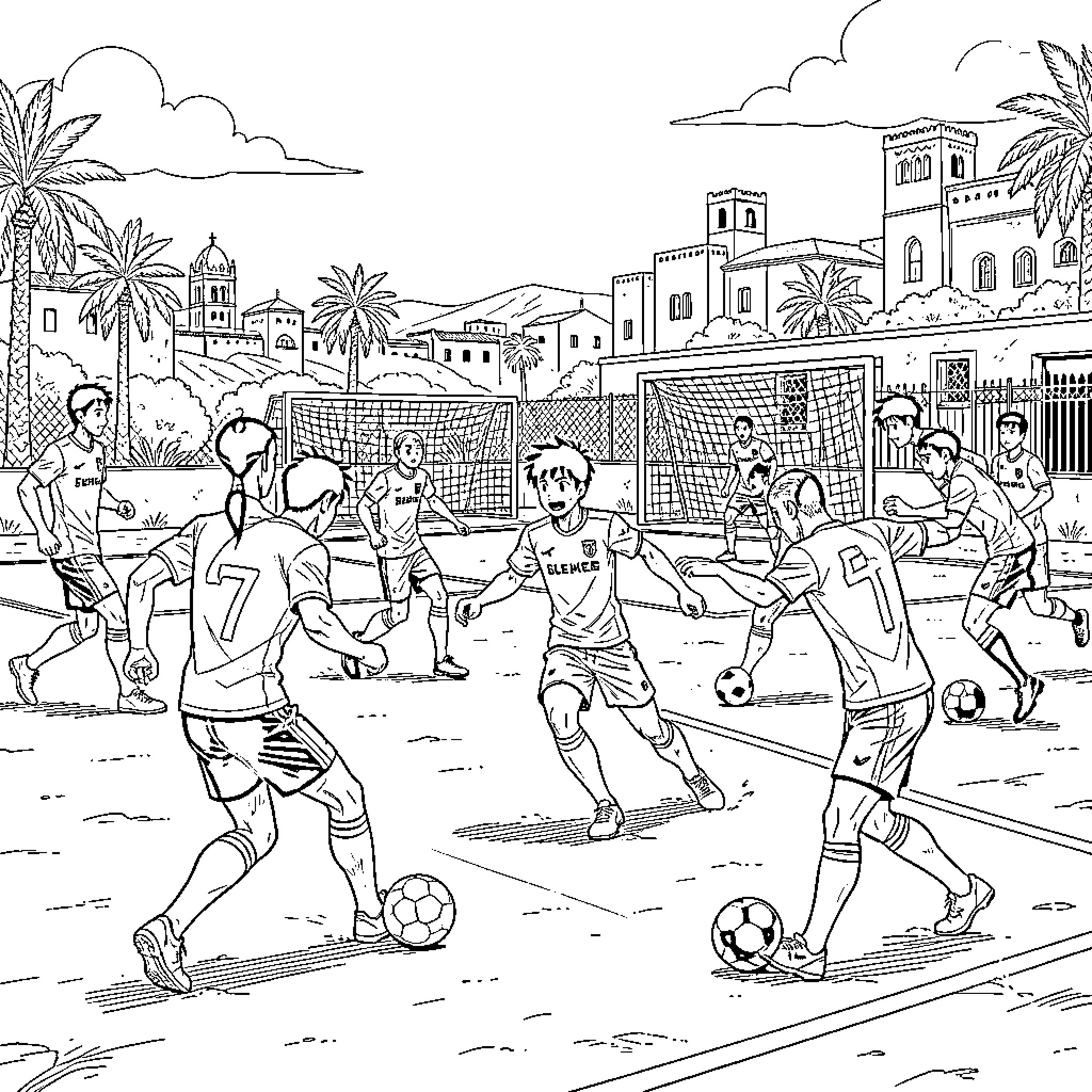 Bluelock players competing intensely in a soccer match Coloring Page (free black-and-white line drawing printable PDF for all, from beginners to advanced learners, including children, teens, adults, and seniors)
