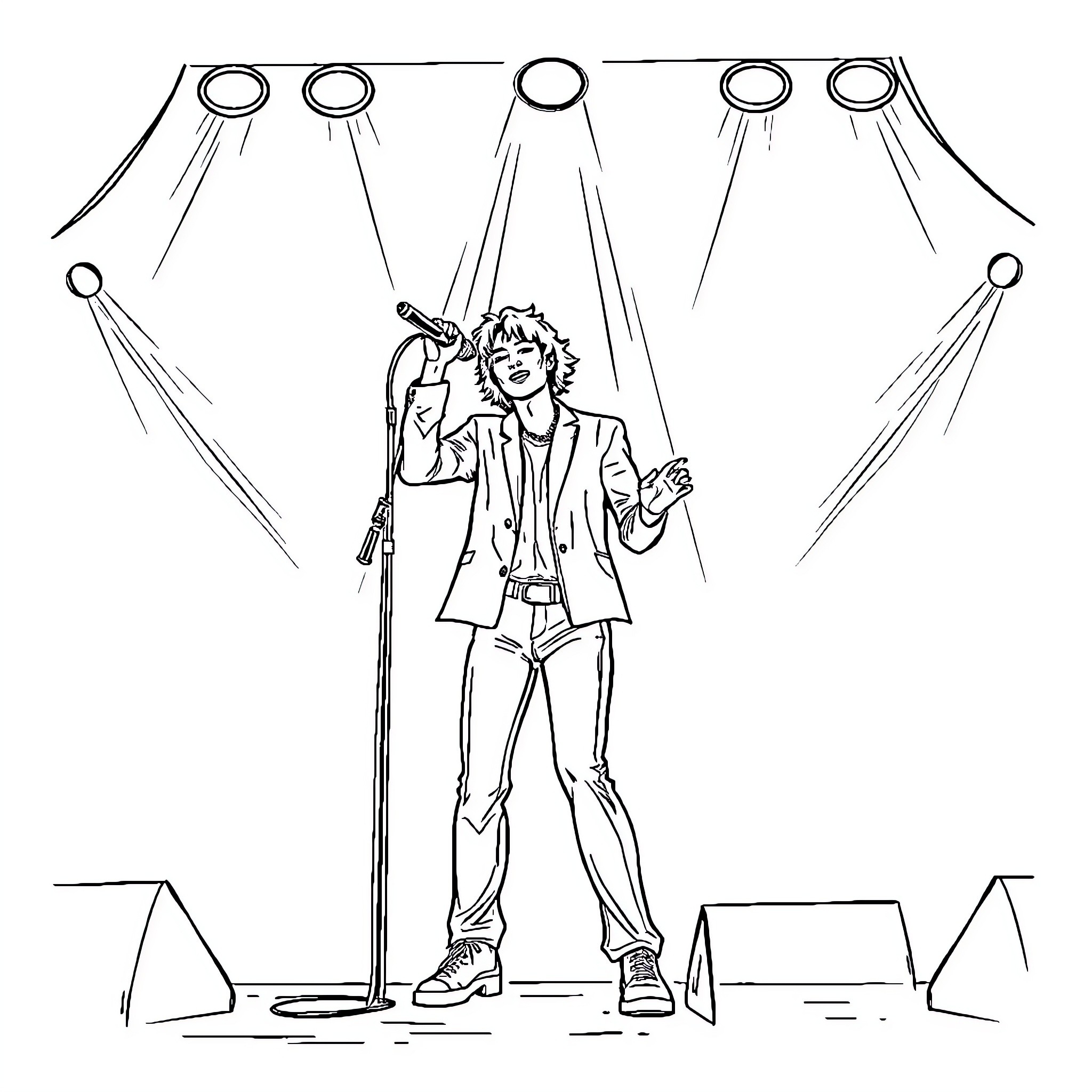 Pop Star Performing on Stage with Microphone Coloring Page (free black-and-white line drawing printable PDF for all, from beginners to advanced learners, including children, teens, adults, and seniors)