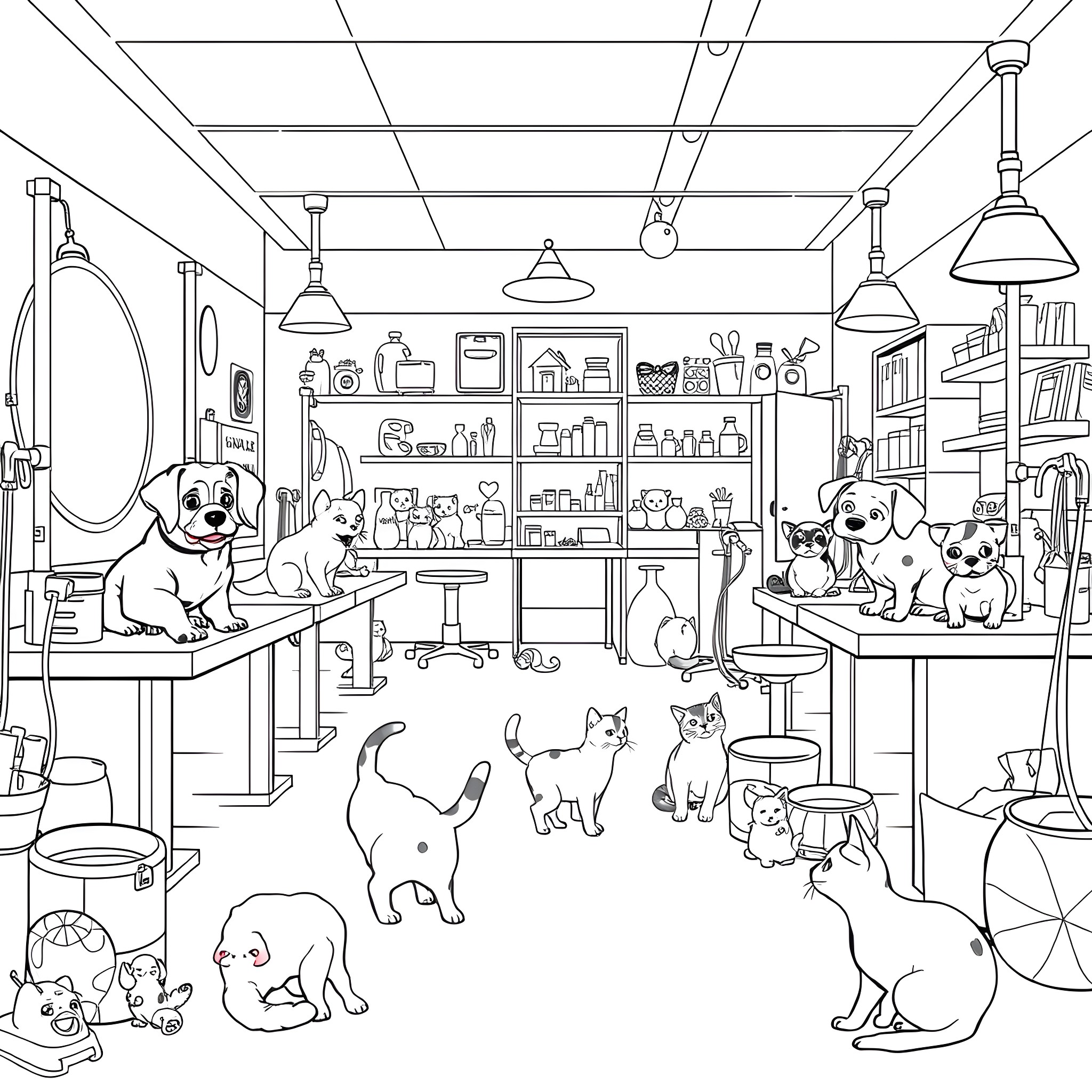 Dog and Cat Exploring a Lively Pet Shop Coloring Page (free black-and-white line drawing printable PDF for all, from beginners to advanced learners, including children, teens, adults, and seniors)