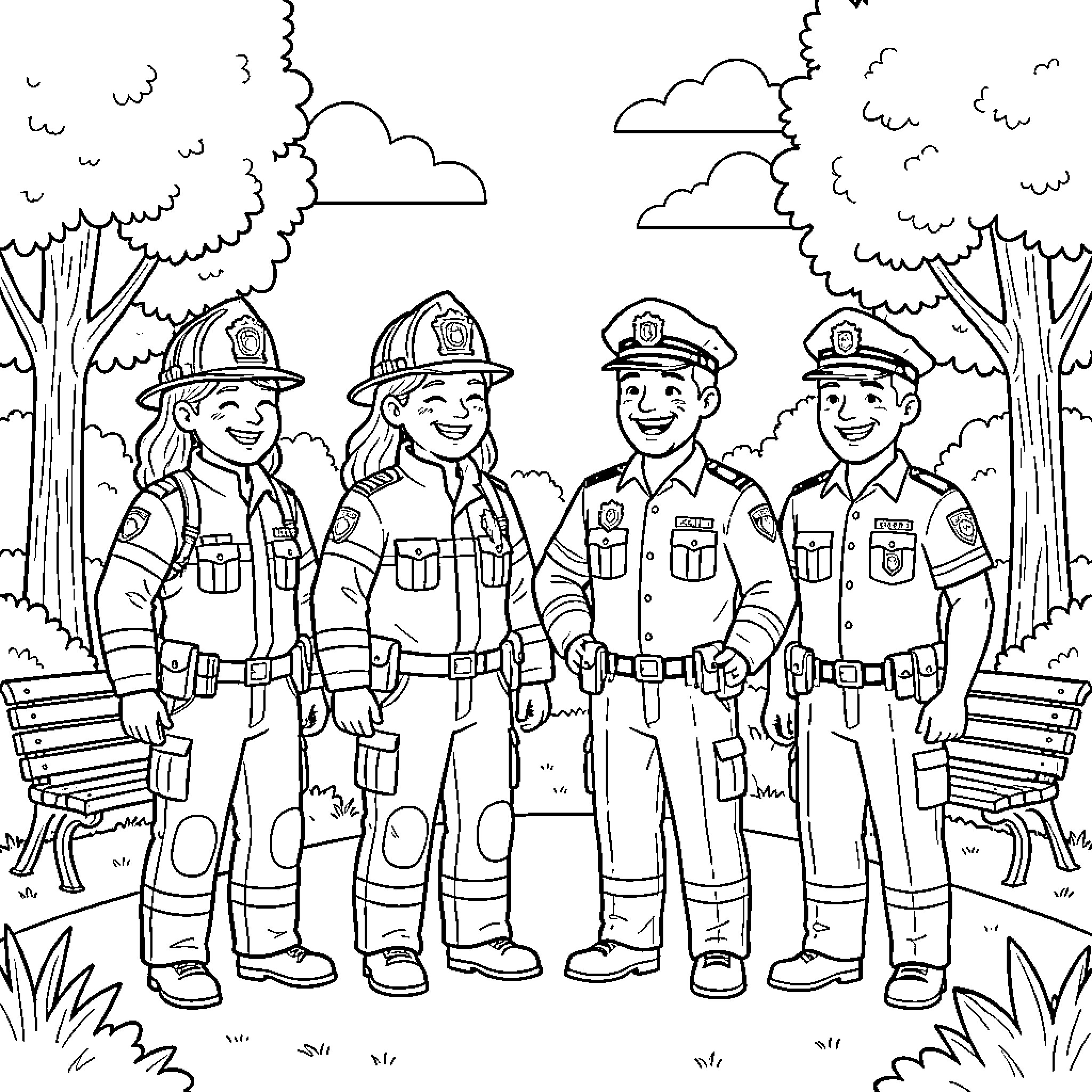 Firefighter and police officers smiling together outdoors Coloring Page (free black-and-white line drawing printable PDF for all, from beginners to advanced learners, including children, teens, adults, and seniors)