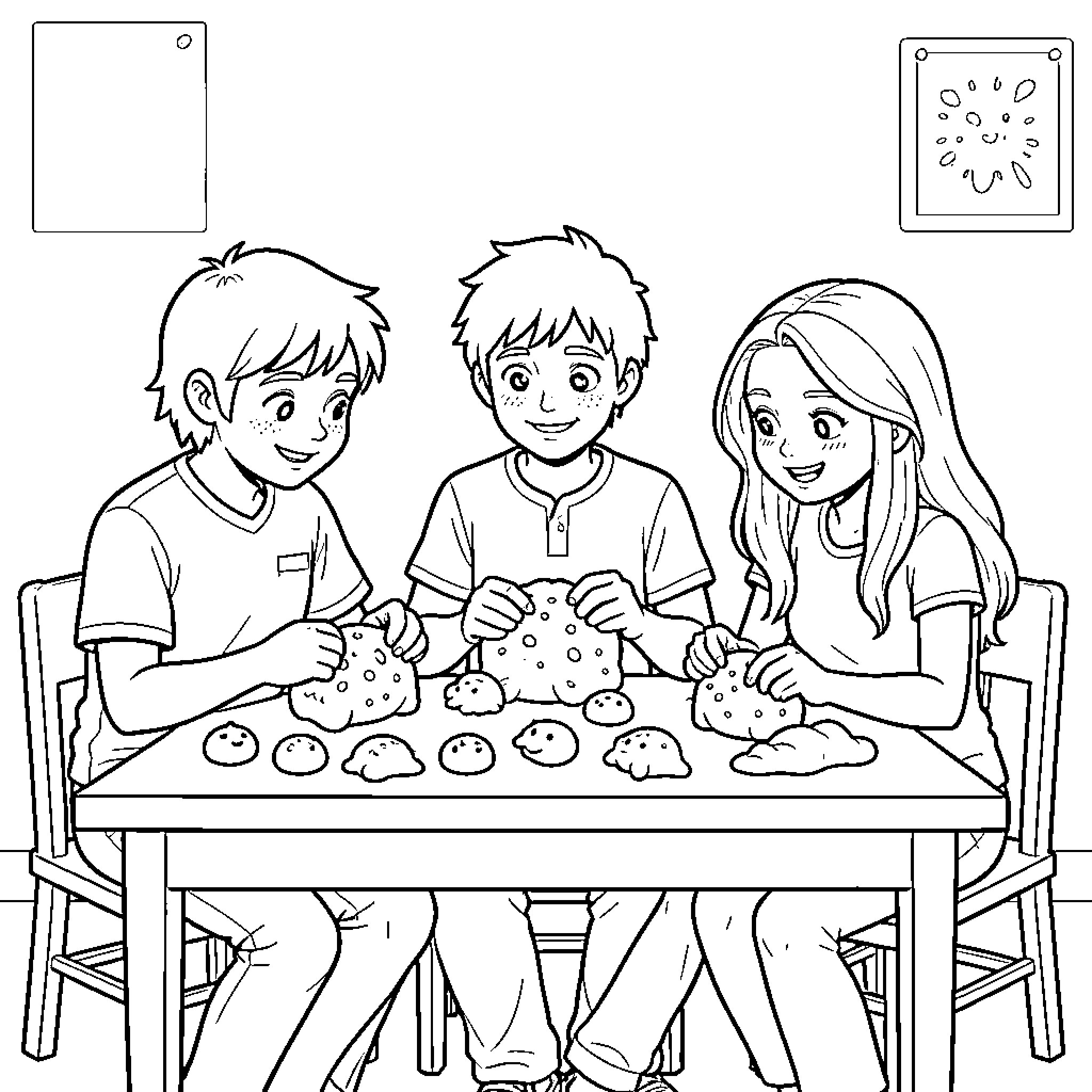 Harry and friends making dough at a table Coloring Page (free black-and-white line drawing printable PDF for all, from beginners to advanced learners, including children, teens, adults, and seniors)