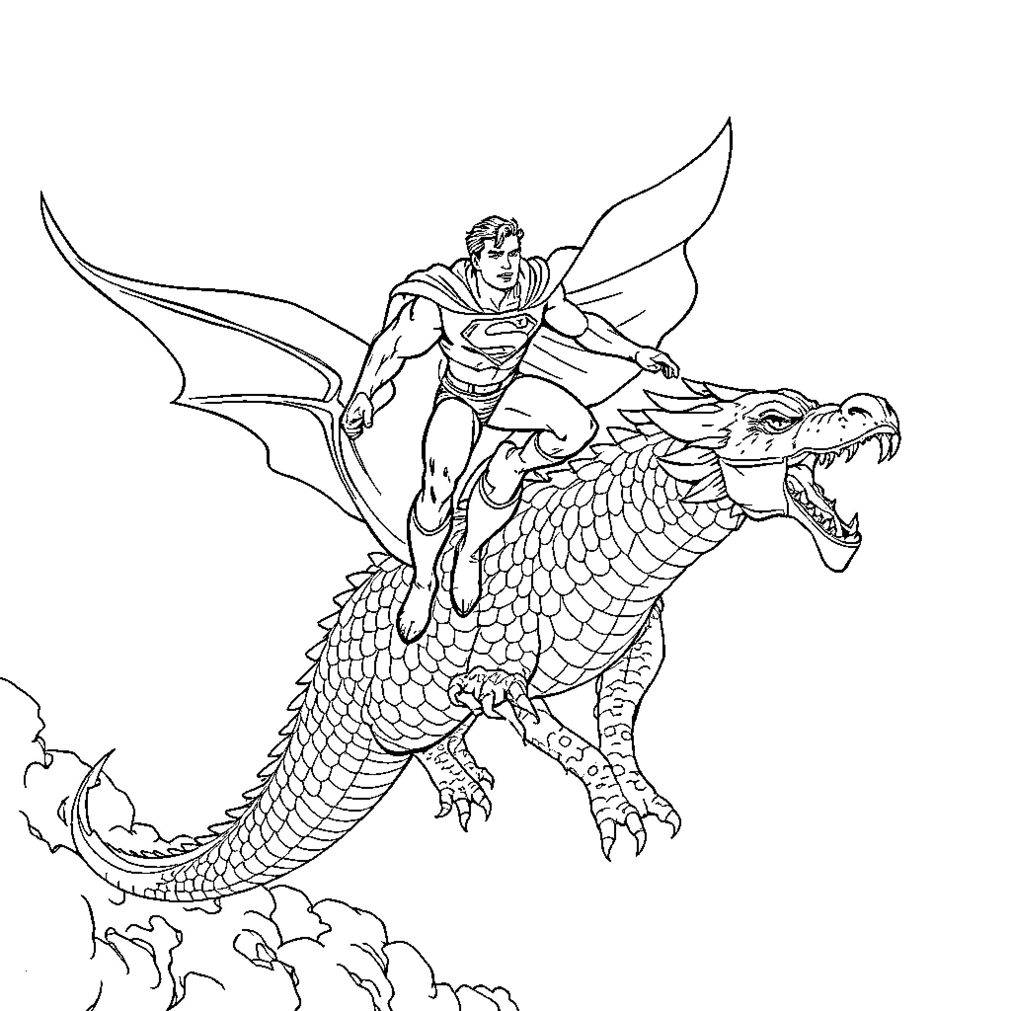 Superman riding a mighty dragon in flight Coloring Page (free black-and-white line drawing printable PDF for all, from beginners to advanced learners, including children, teens, adults, and seniors)