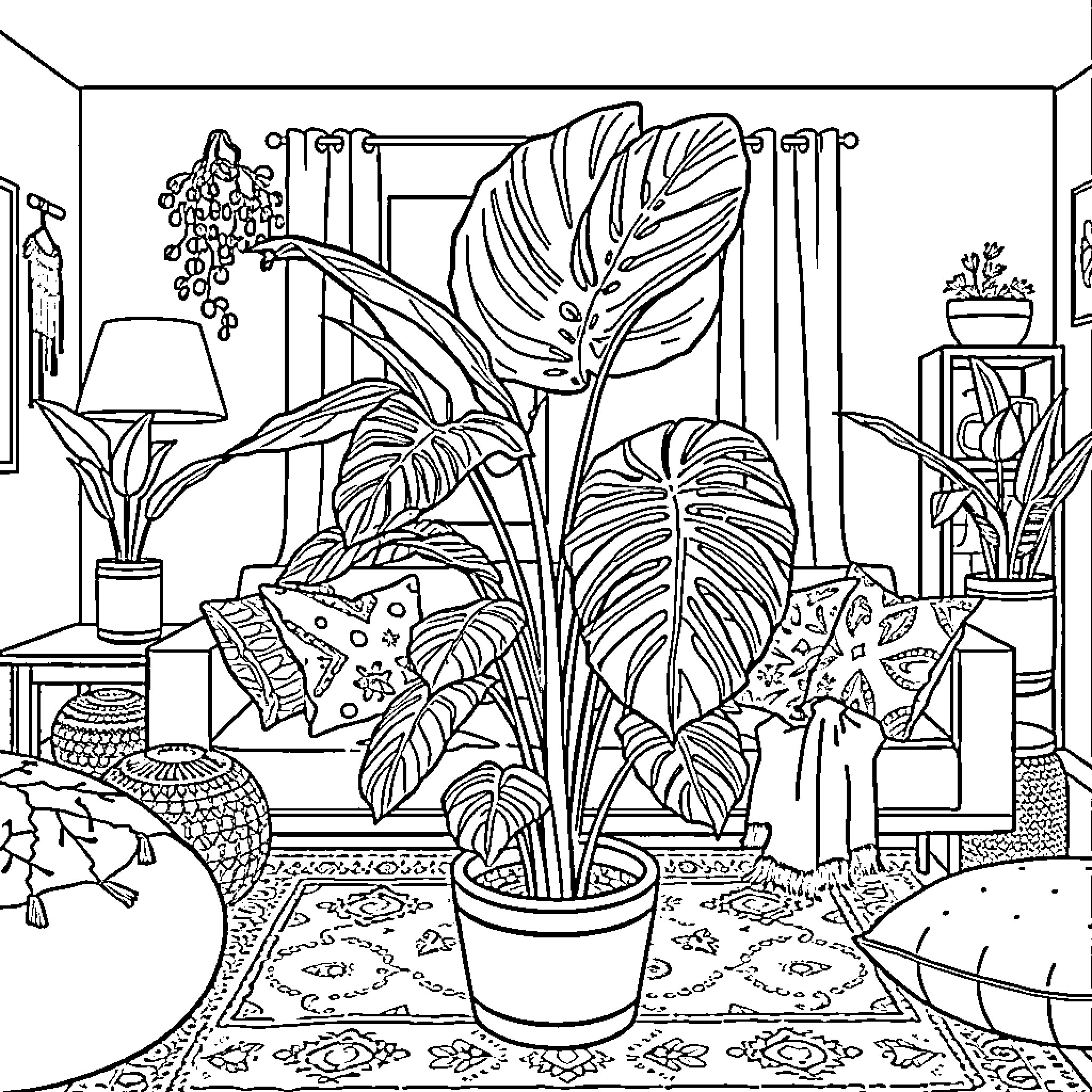 Monstera plants thriving in a cozy indoor setting Coloring Page (free black-and-white line drawing printable PDF for all, from beginners to advanced learners, including children, teens, adults, and seniors)