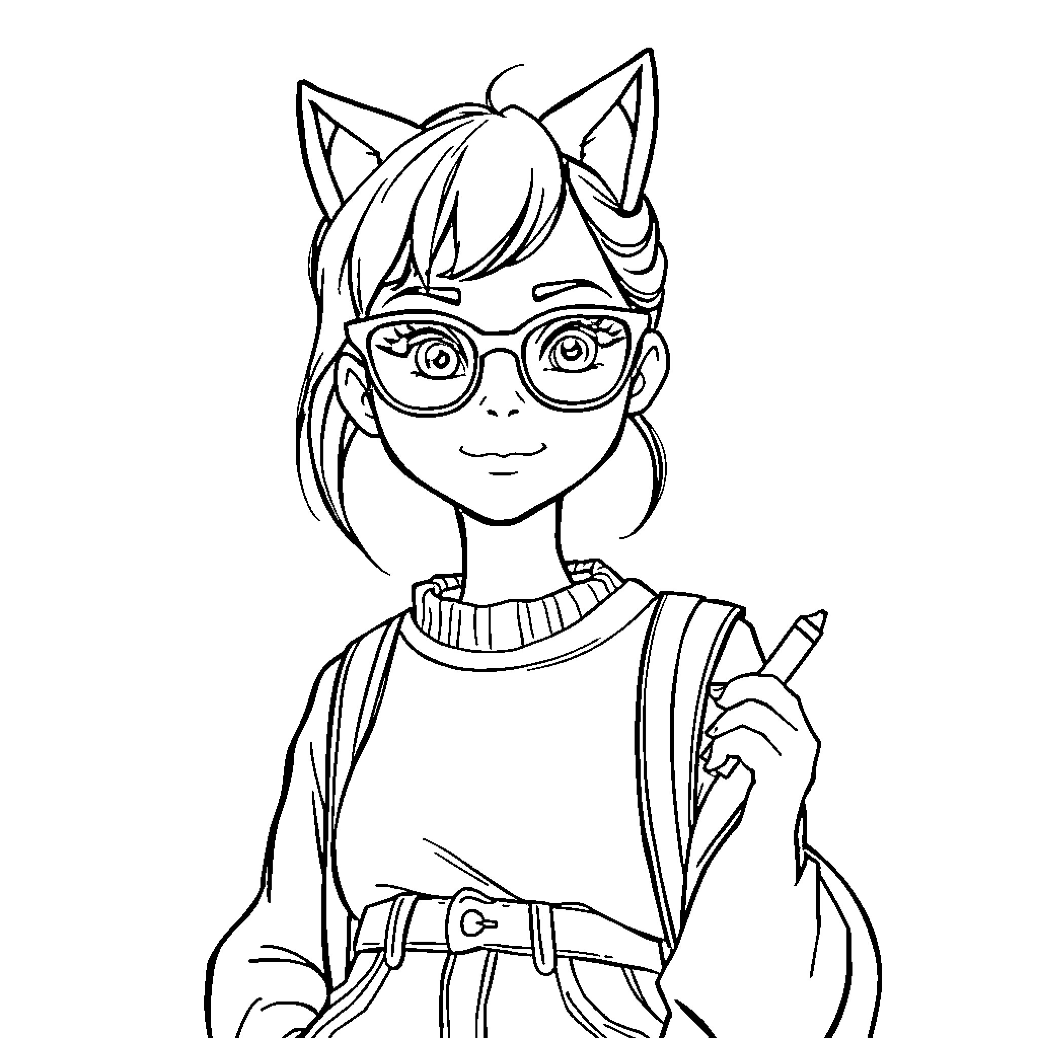 Girl with Cute Cat Ears and Glasses Coloring Page (free black-and-white line drawing printable PDF for all, from beginners to advanced learners, including children, teens, adults, and seniors)