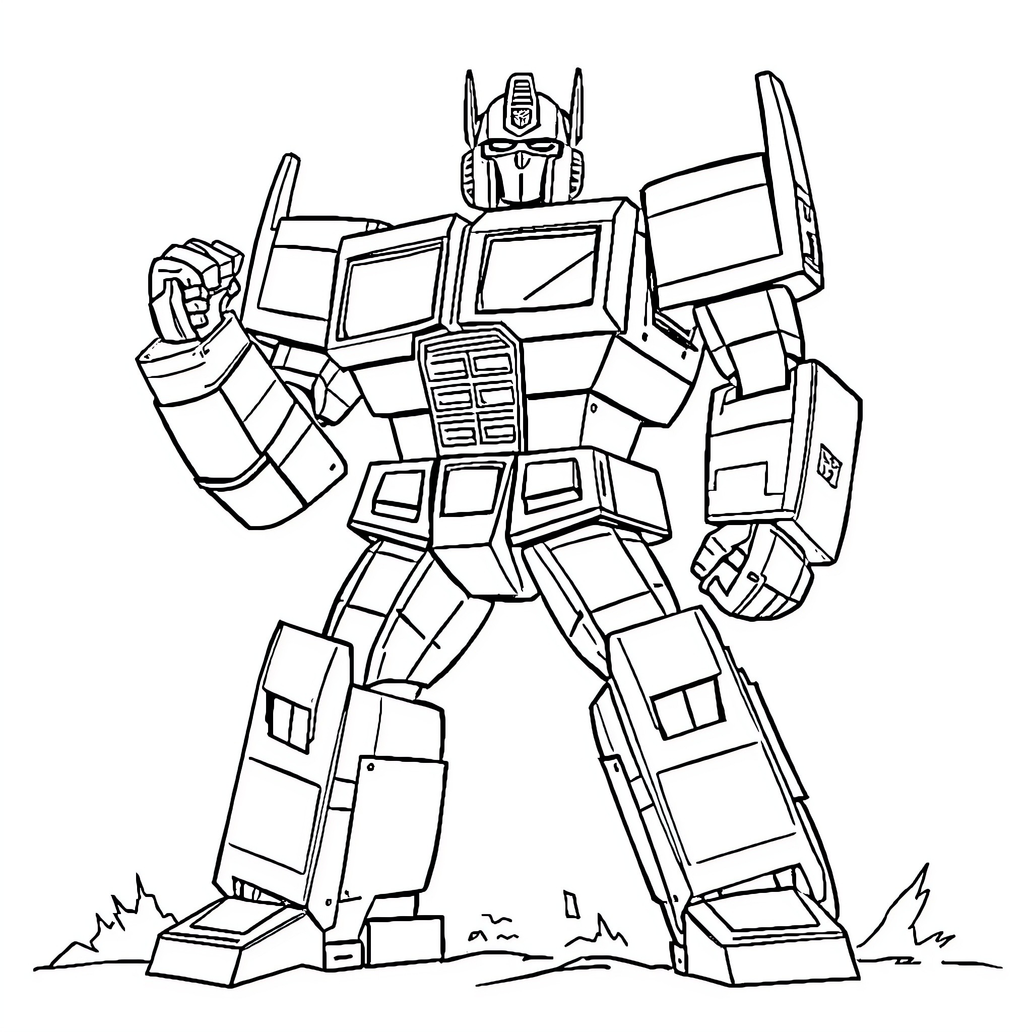 Optimus Prime Ready for Action Coloring Page (free black-and-white line drawing printable PDF for all, from beginners to advanced learners, including children, teens, adults, and seniors)