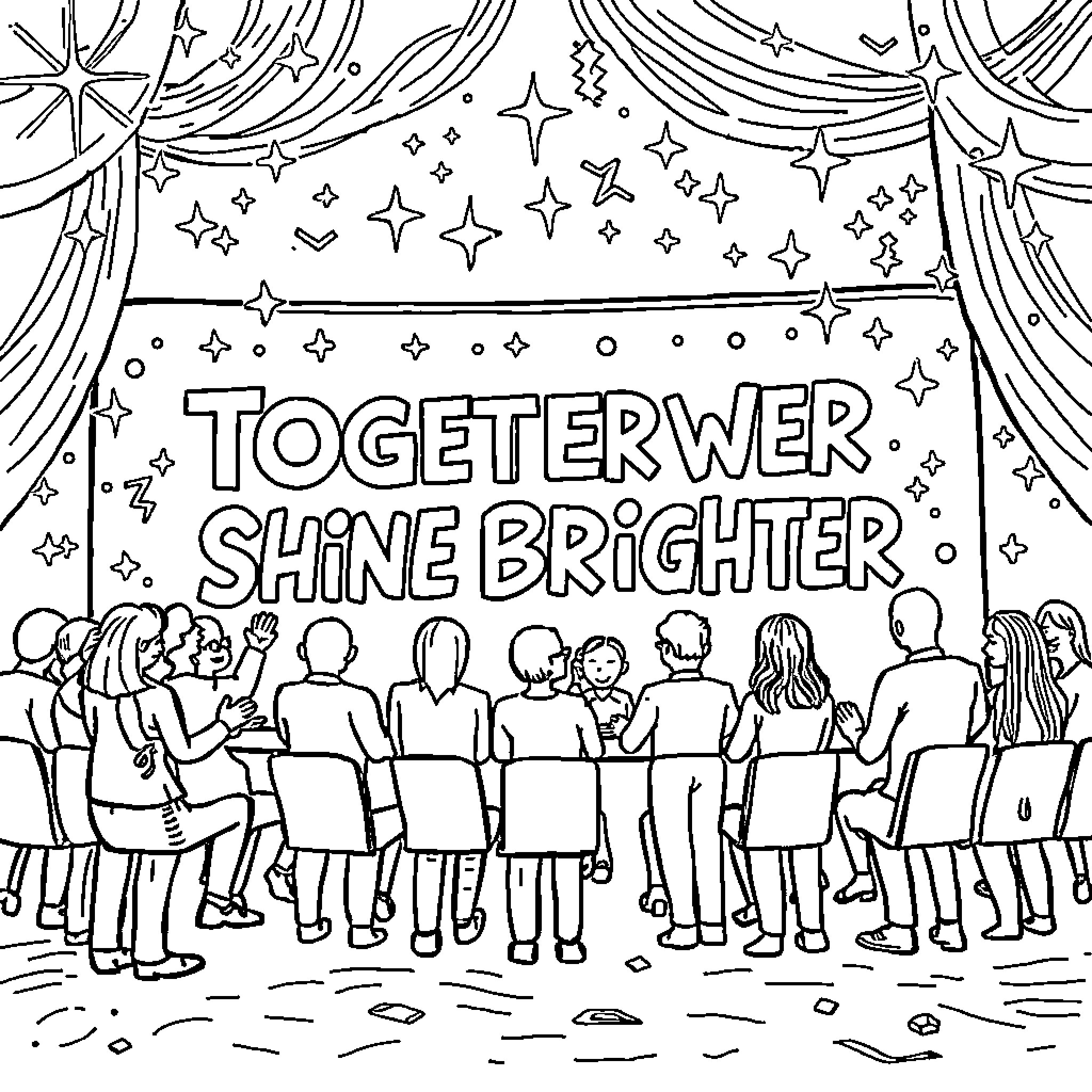 Sparkle Together, Shine Brighter Coloring Page (free black-and-white line drawing printable PDF for all, from beginners to advanced learners, including children, teens, adults, and seniors)