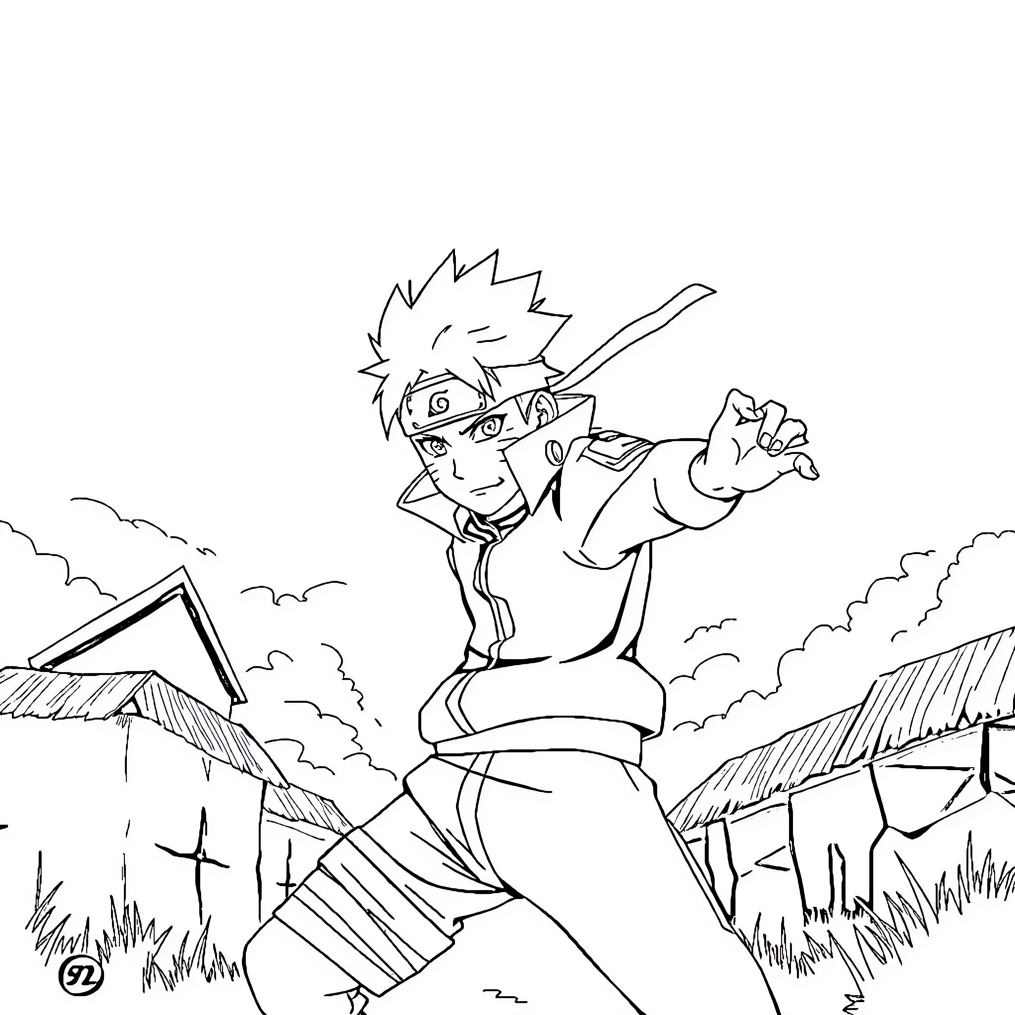 Boruto striking a determined pose in the wilderness Coloring Page (free black-and-white line drawing printable PDF for all, from beginners to advanced learners, including children, teens, adults, and seniors)