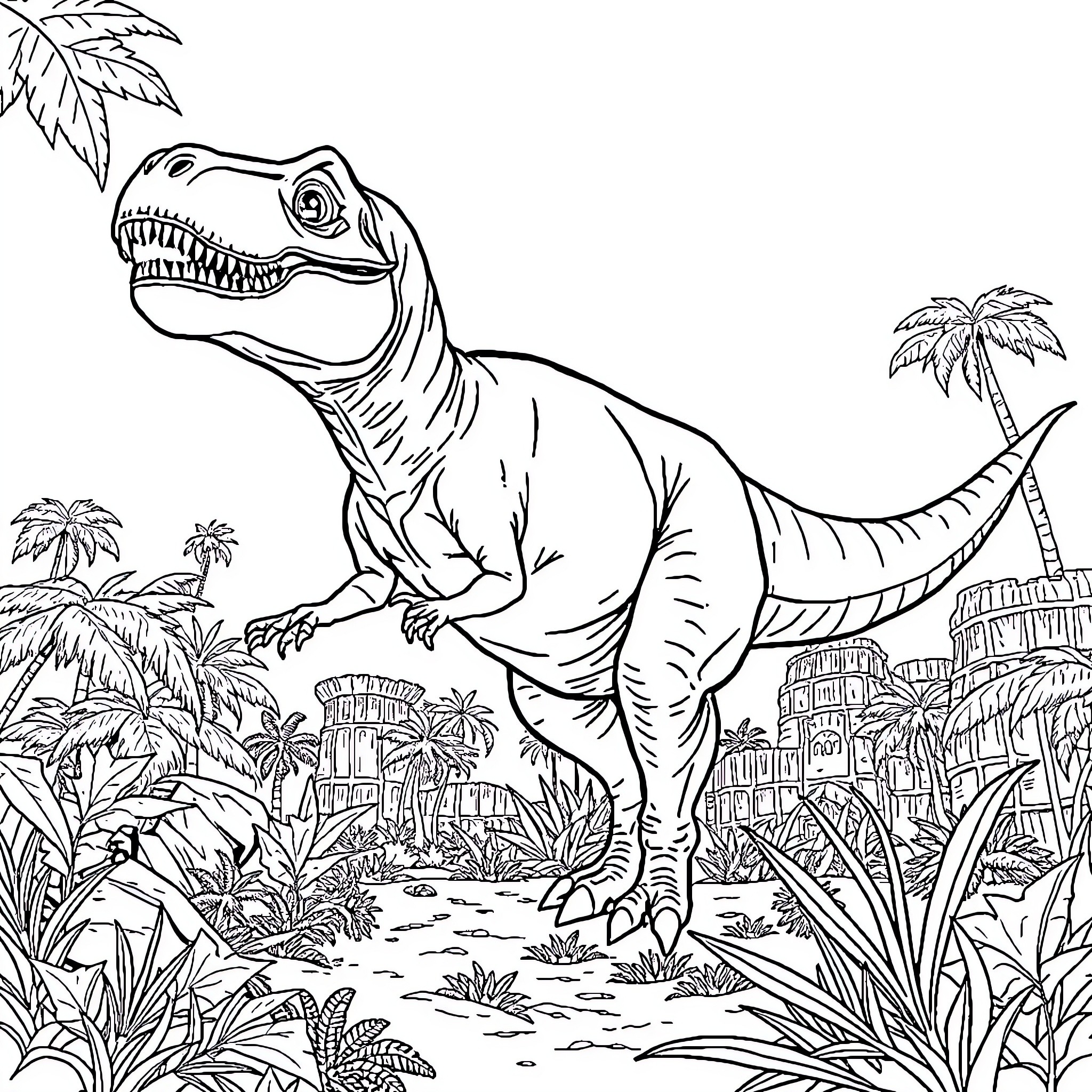 T-Rex Stalking Through Lush Jungle Landscape Coloring Page (free black-and-white line drawing printable PDF for all, from beginners to advanced learners, including children, teens, adults, and seniors)