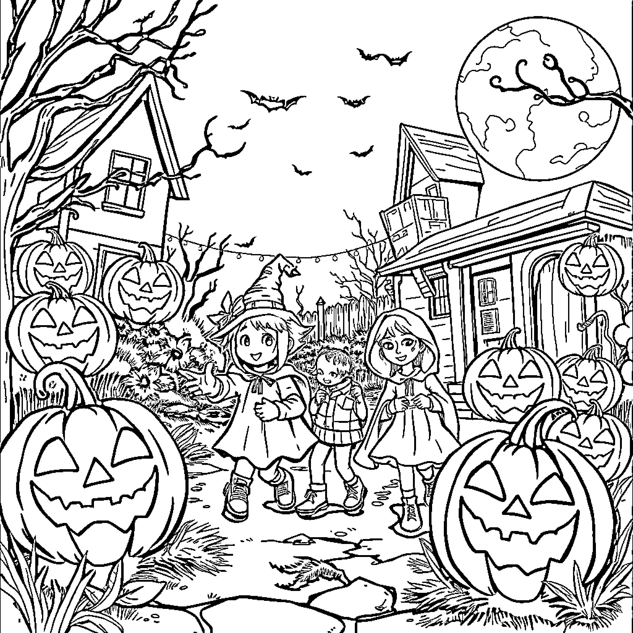 Halloween night trick-or-treating in the neighborhood Coloring Page (free black-and-white line drawing printable PDF for all, from beginners to advanced learners, including children, teens, adults, and seniors)
