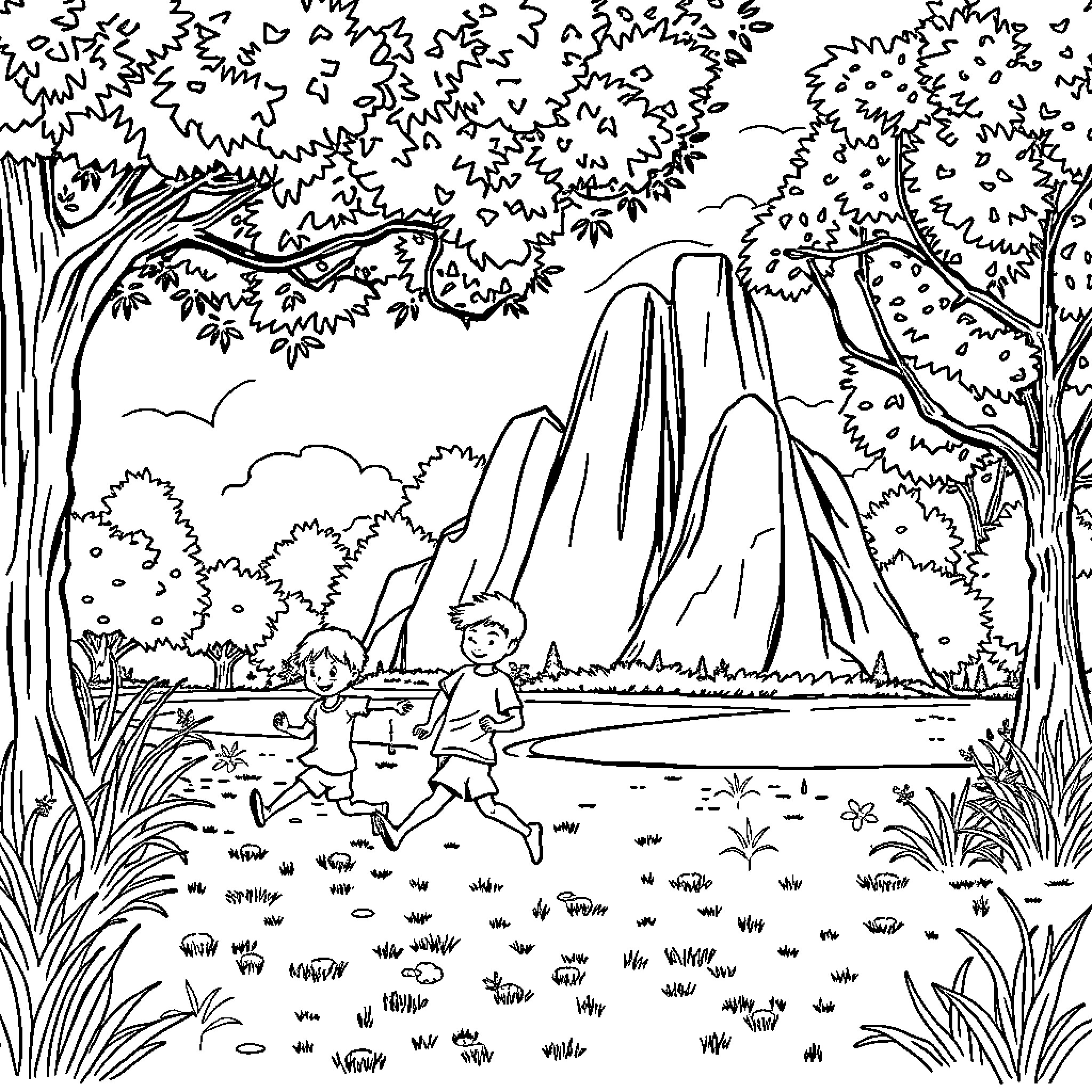 Children playing happily in the forest Coloring Page (free black-and-white line drawing printable PDF for all, from beginners to advanced learners, including children, teens, adults, and seniors)