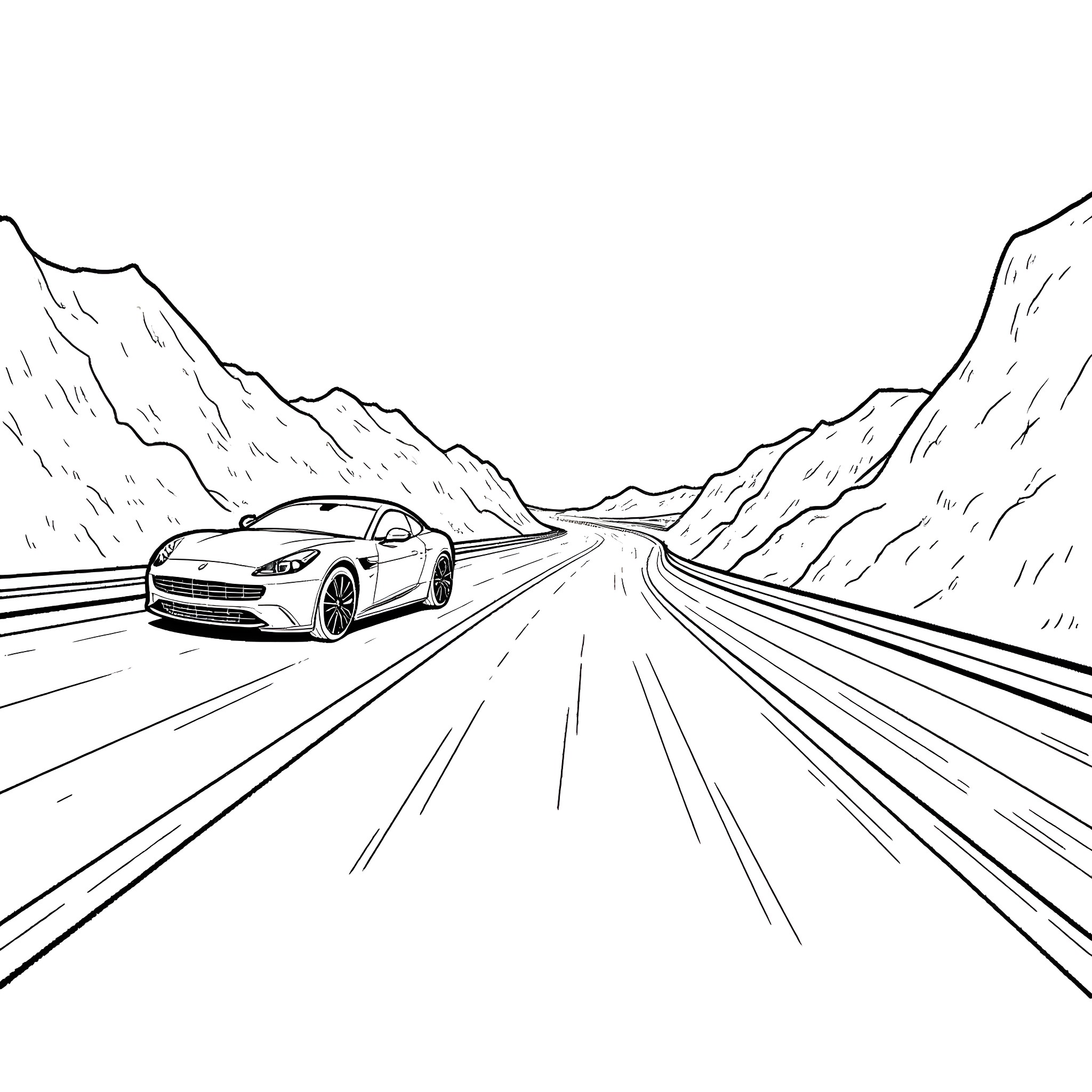 Carrinho speeding through the winding mountain road Coloring Page (free black-and-white line drawing printable PDF for all, from beginners to advanced learners, including children, teens, adults, and seniors)