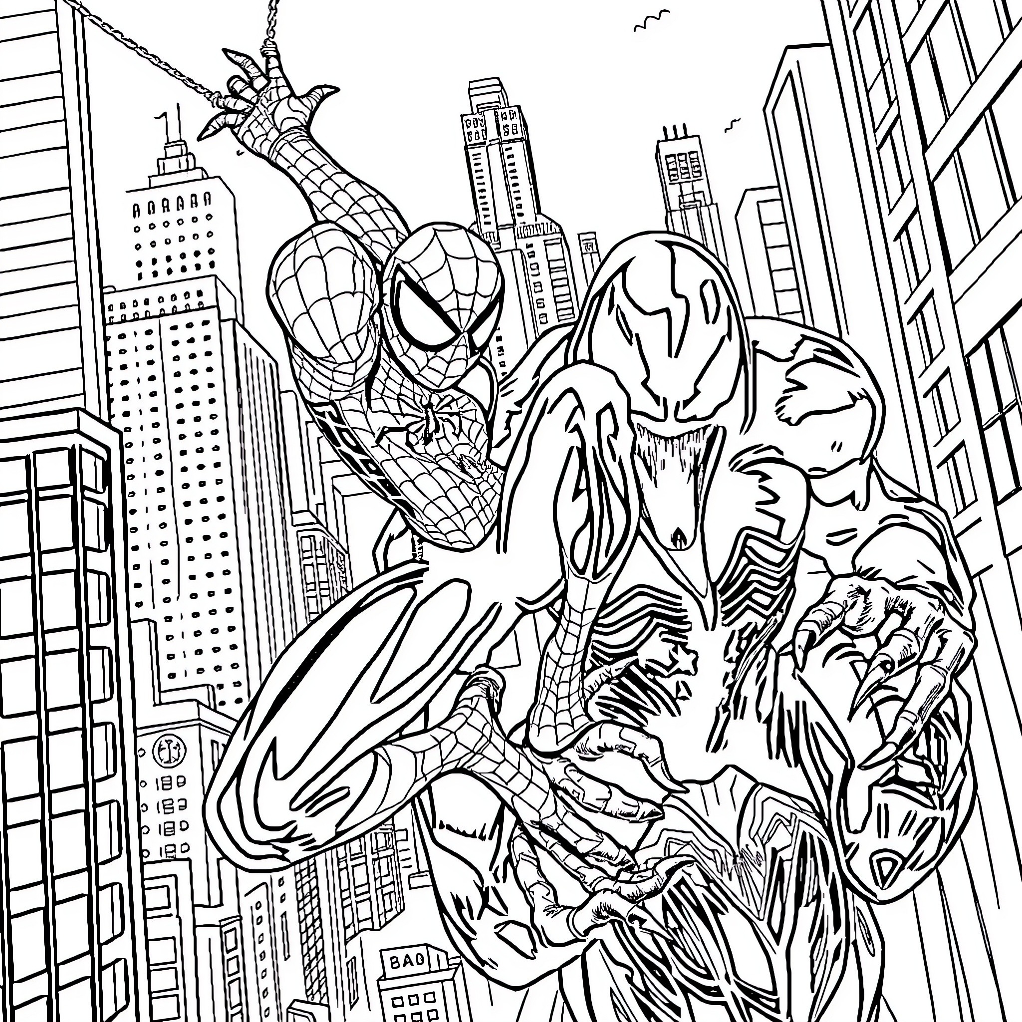 Spiderman battling fierce villain in urban cityscape Coloring Page (free black-and-white line drawing printable PDF for all, from beginners to advanced learners, including children, teens, adults, and seniors)