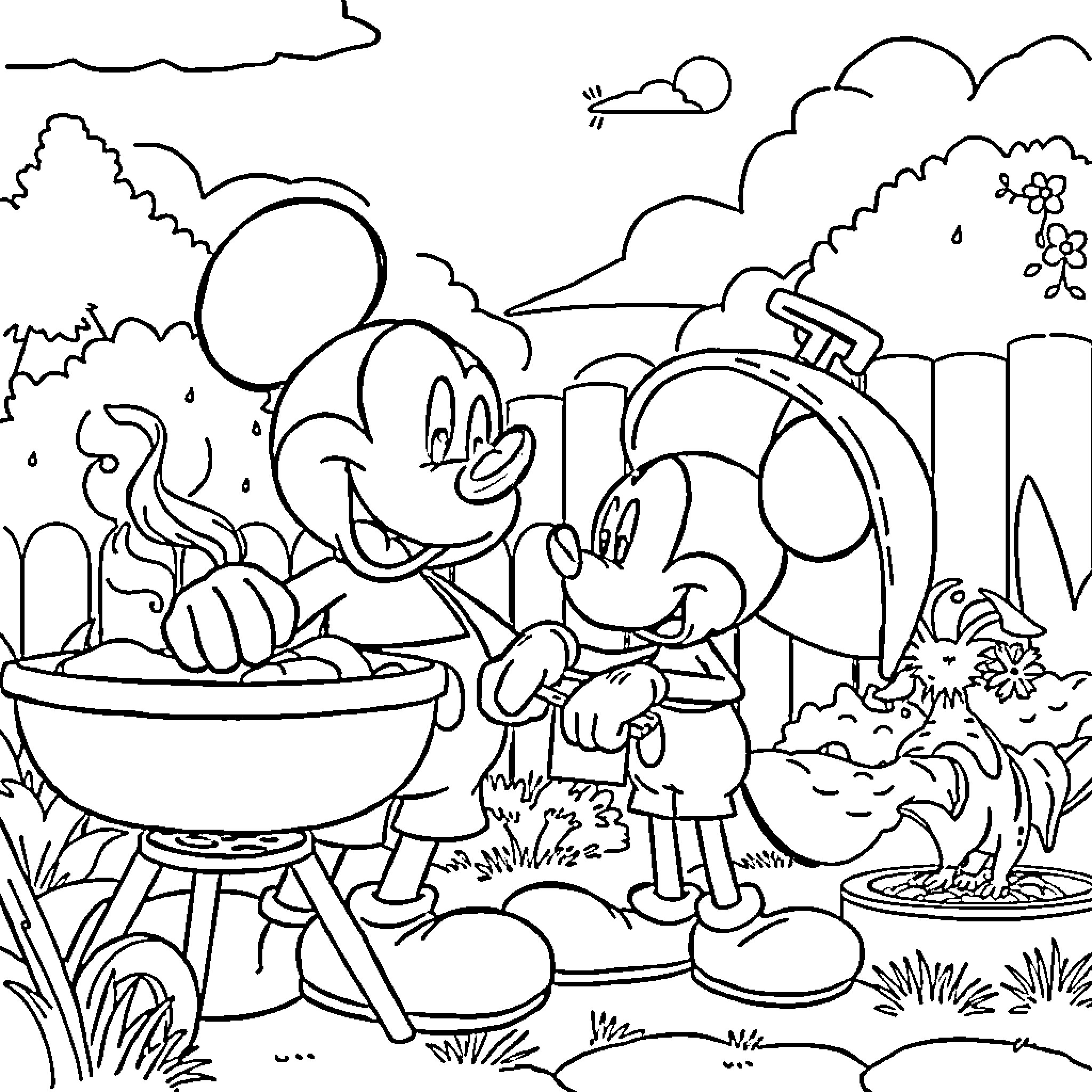Mickey Mouse and Friends Enjoying a Picnic Outdoors Coloring Page (free black-and-white line drawing printable PDF for all, from beginners to advanced learners, including children, teens, adults, and seniors)