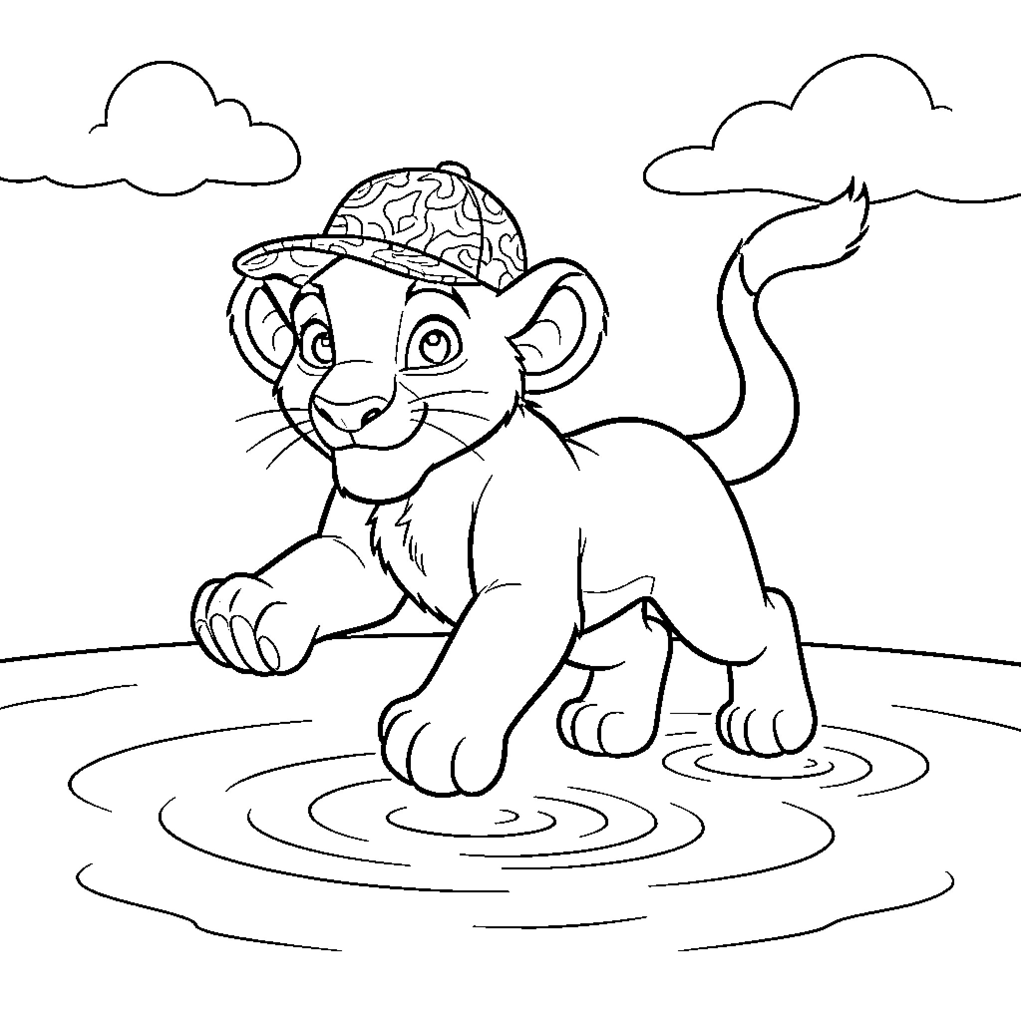 Simba Exploring the Watery Terrain with Curiosity Coloring Page (free black-and-white line drawing printable PDF for all, from beginners to advanced learners, including children, teens, adults, and seniors)