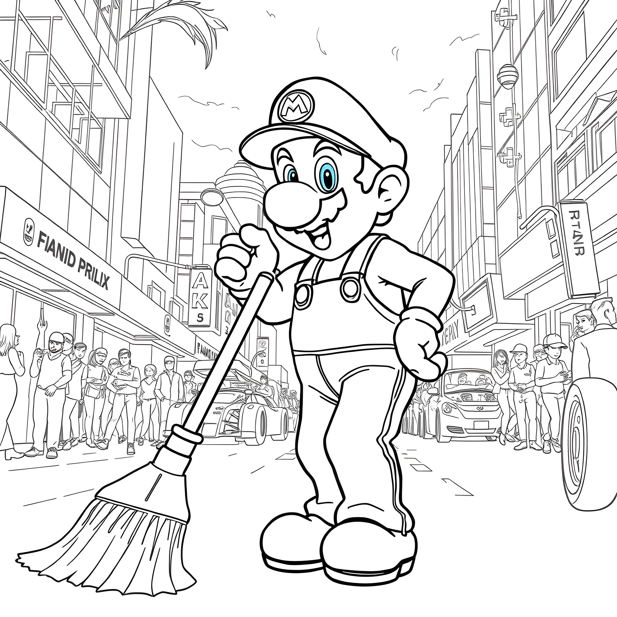 Mario the Plumber Cleaning the City Streets Coloring Page (free black-and-white line drawing printable PDF for all, from beginners to advanced learners, including children, teens, adults, and seniors)