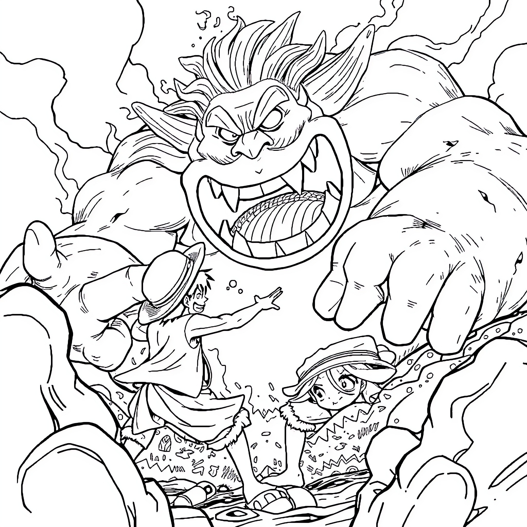 Luffy battles a fierce and monstrous creature Coloring Page (free black-and-white line drawing printable PDF for all, from beginners to advanced learners, including children, teens, adults, and seniors)