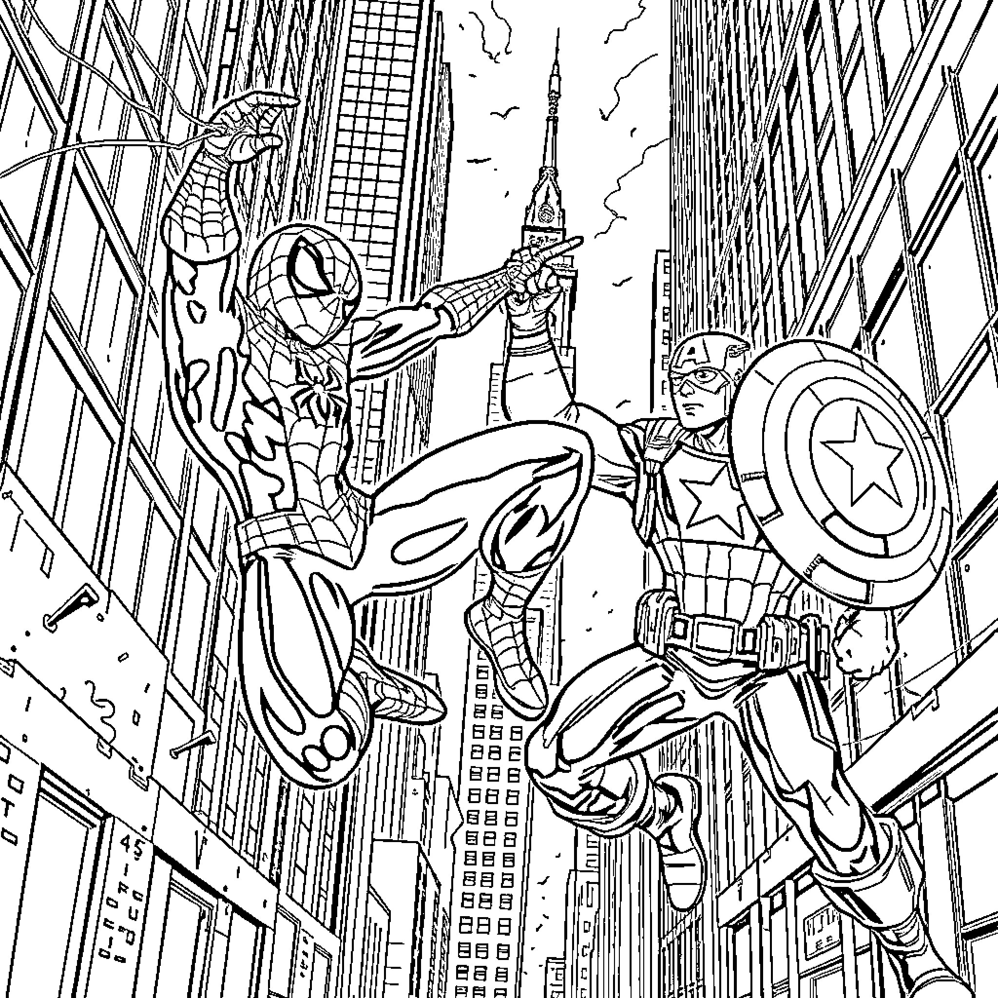 Spider-Man in action with Captain America in the city Coloring Page (free black-and-white line drawing printable PDF for all, from beginners to advanced learners, including children, teens, adults, and seniors)