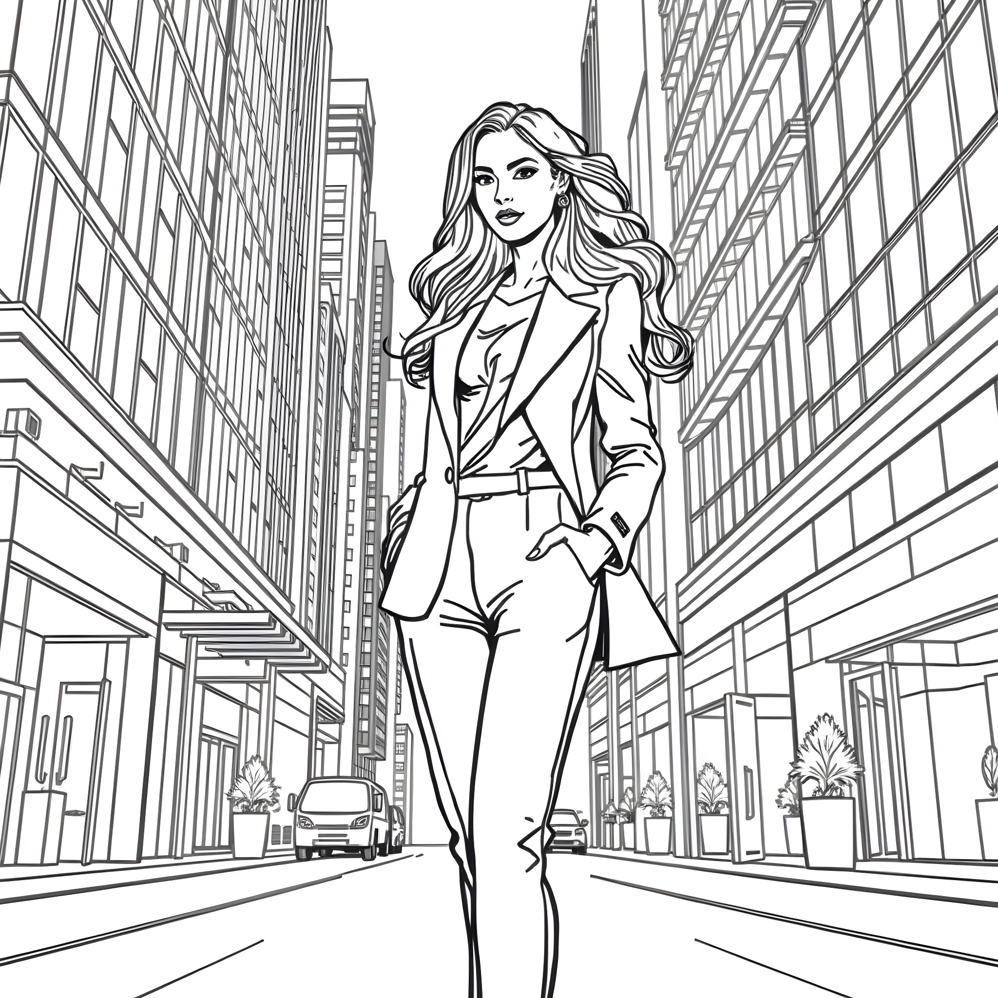 Angela's Confident Stride in the City Coloring Page (free black-and-white line drawing printable PDF for all, from beginners to advanced learners, including children, teens, adults, and seniors)