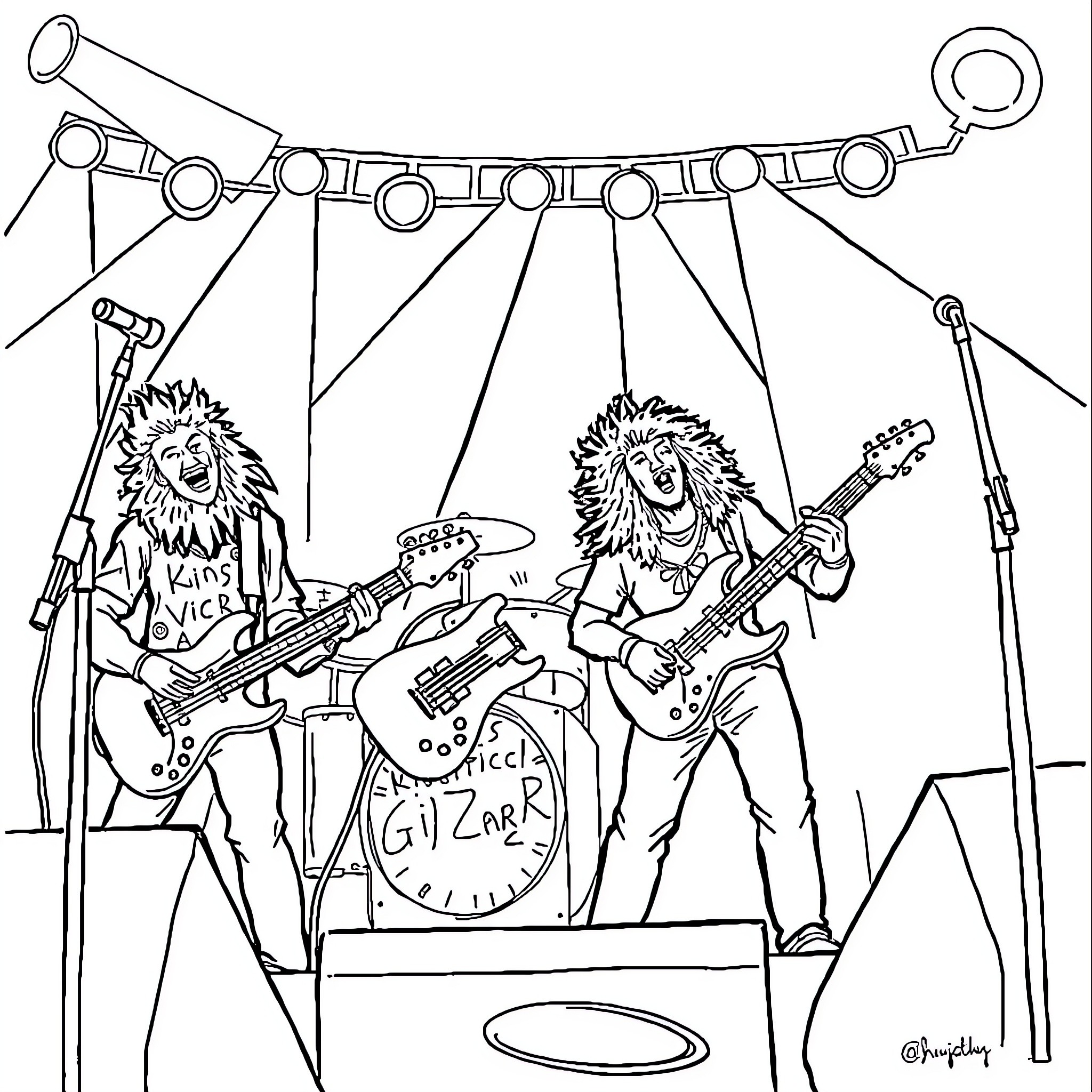 King Gizzard performing lively rock concert Coloring Page (free black-and-white line drawing printable PDF for all, from beginners to advanced learners, including children, teens, adults, and seniors)