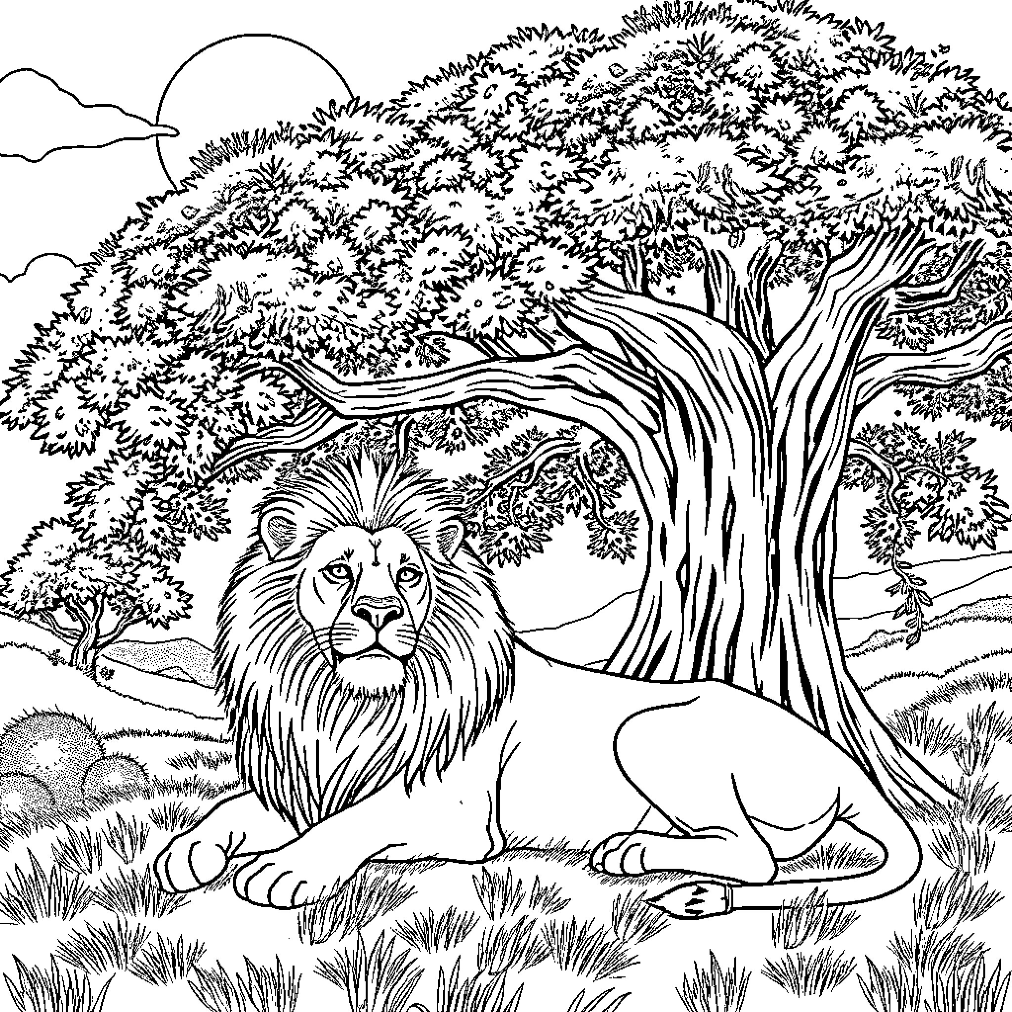 Lion resting under a large tree Coloring Page (free black-and-white line drawing printable PDF for all, from beginners to advanced learners, including children, teens, adults, and seniors)