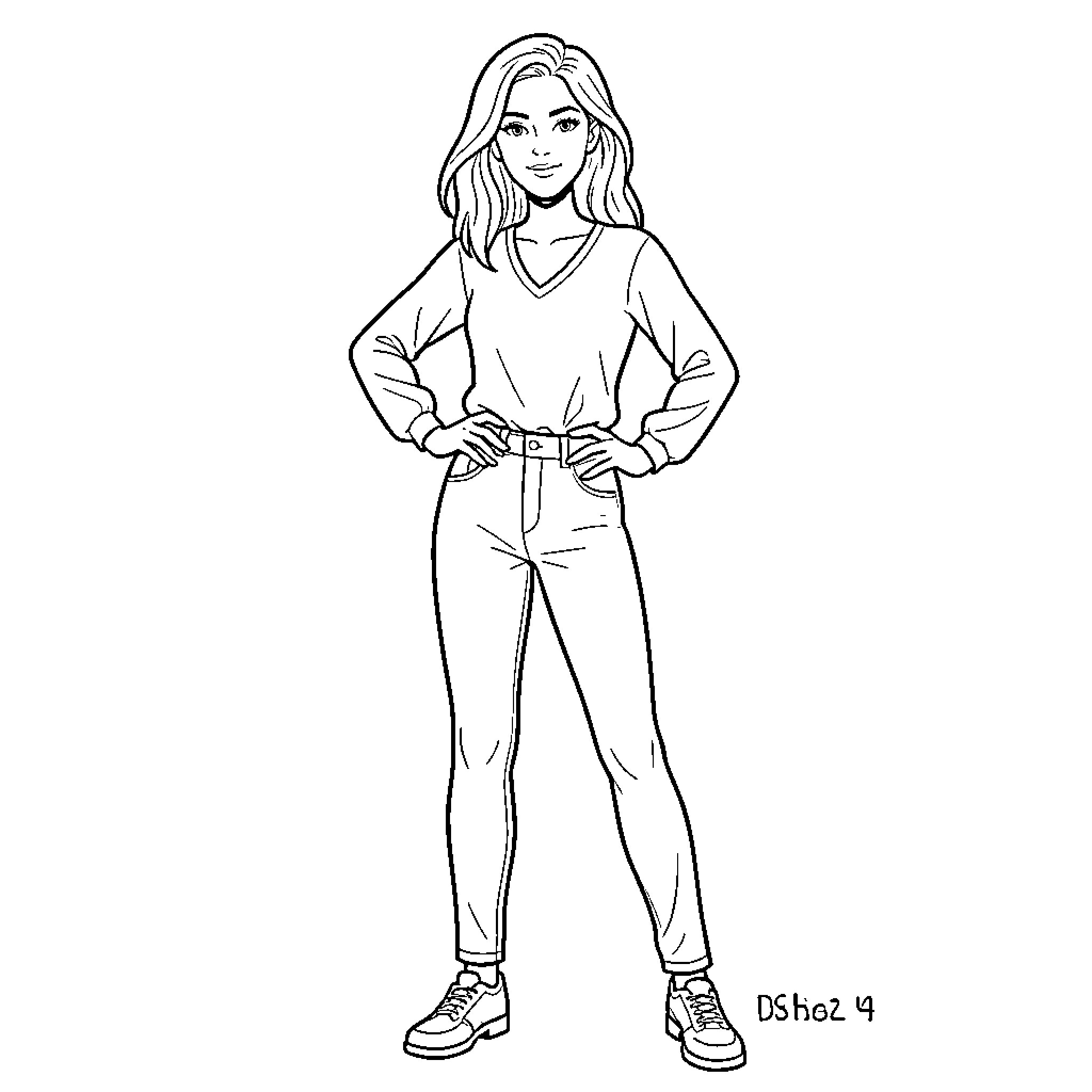 Dame posing confidently in casual stylish clothes Coloring Page (free black-and-white line drawing printable PDF for all, from beginners to advanced learners, including children, teens, adults, and seniors)