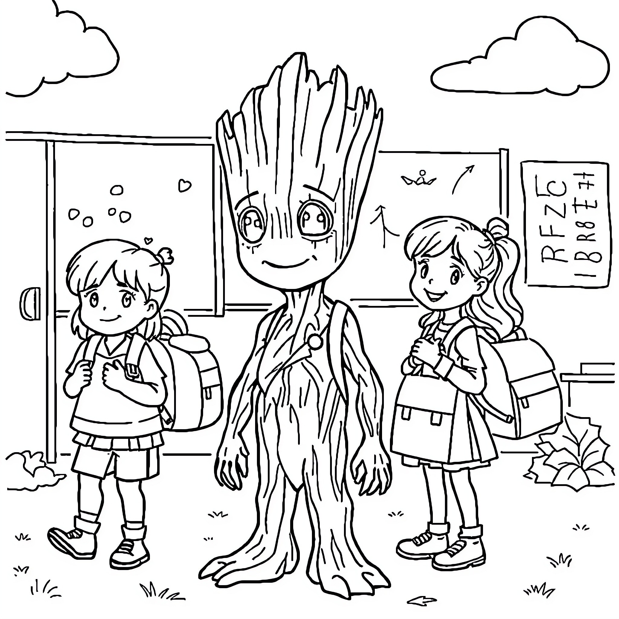 Groot helping children with school supplies Coloring Page (free black-and-white line drawing printable PDF for all, from beginners to advanced learners, including children, teens, adults, and seniors)