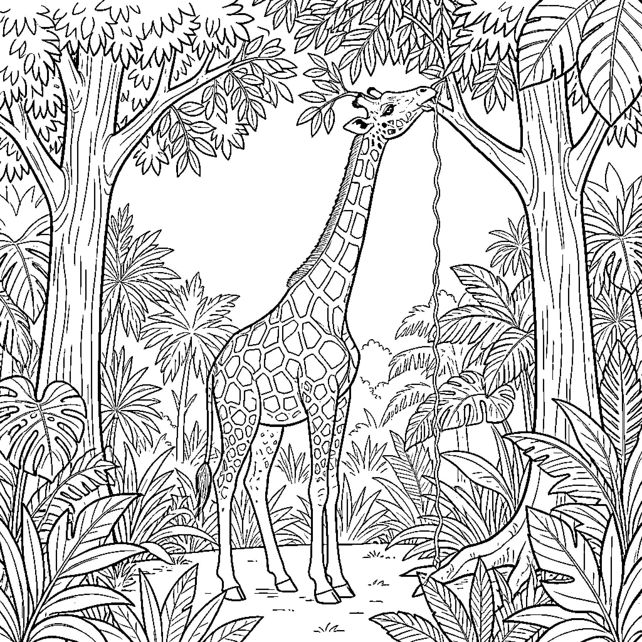 Giraffe in a lush jungle landscape Coloring Page (free black-and-white line drawing printable PDF for all, from beginners to advanced learners, including children, teens, adults, and seniors)