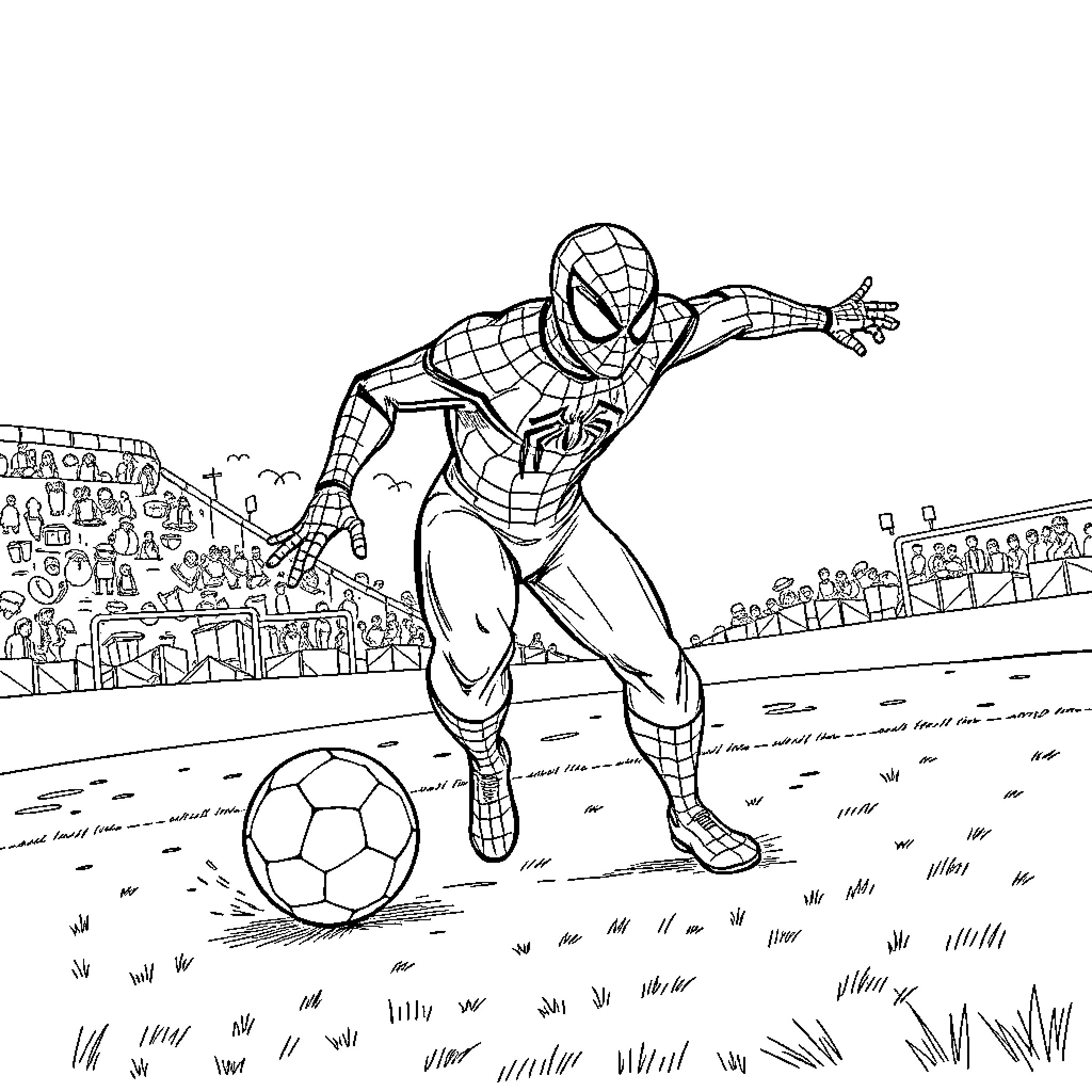 Spiderman playing football in the stadium Coloring Page (free black-and-white line drawing printable PDF for all, from beginners to advanced learners, including children, teens, adults, and seniors)