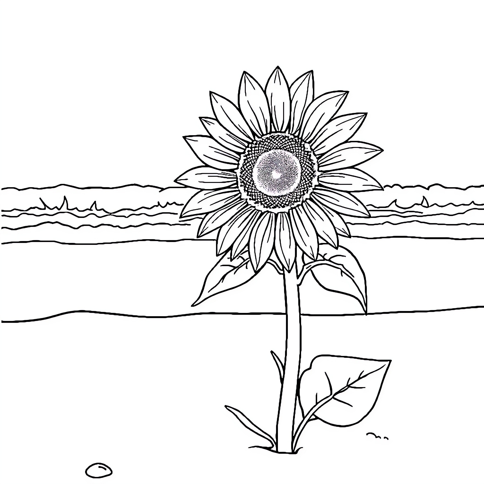 Sunflower standing tall in the field Coloring Page (free black-and-white line drawing printable PDF for all, from beginners to advanced learners, including children, teens, adults, and seniors)