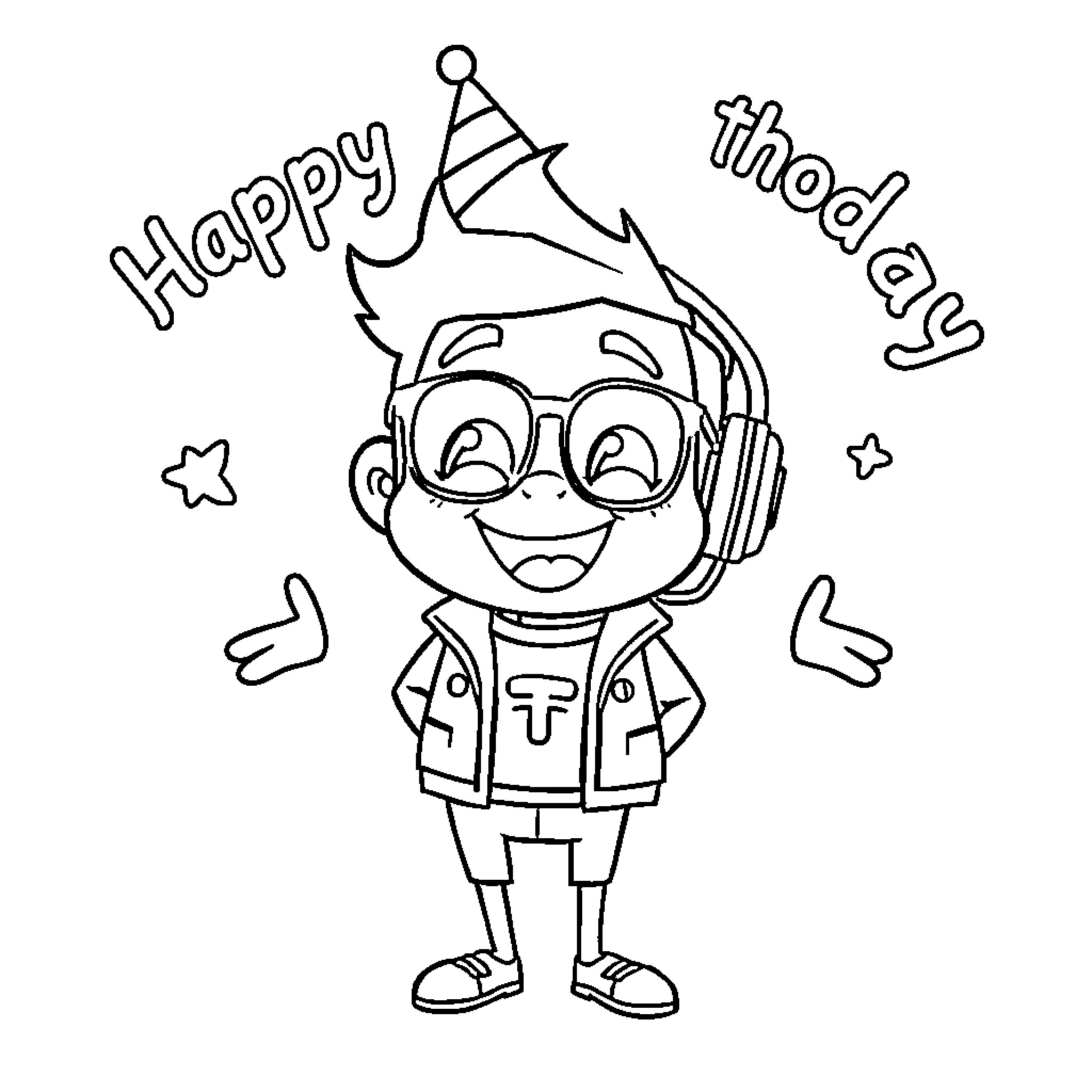 Mincho celebrates happy birthday in party attire Coloring Page (free black-and-white line drawing printable PDF for all, from beginners to advanced learners, including children, teens, adults, and seniors)