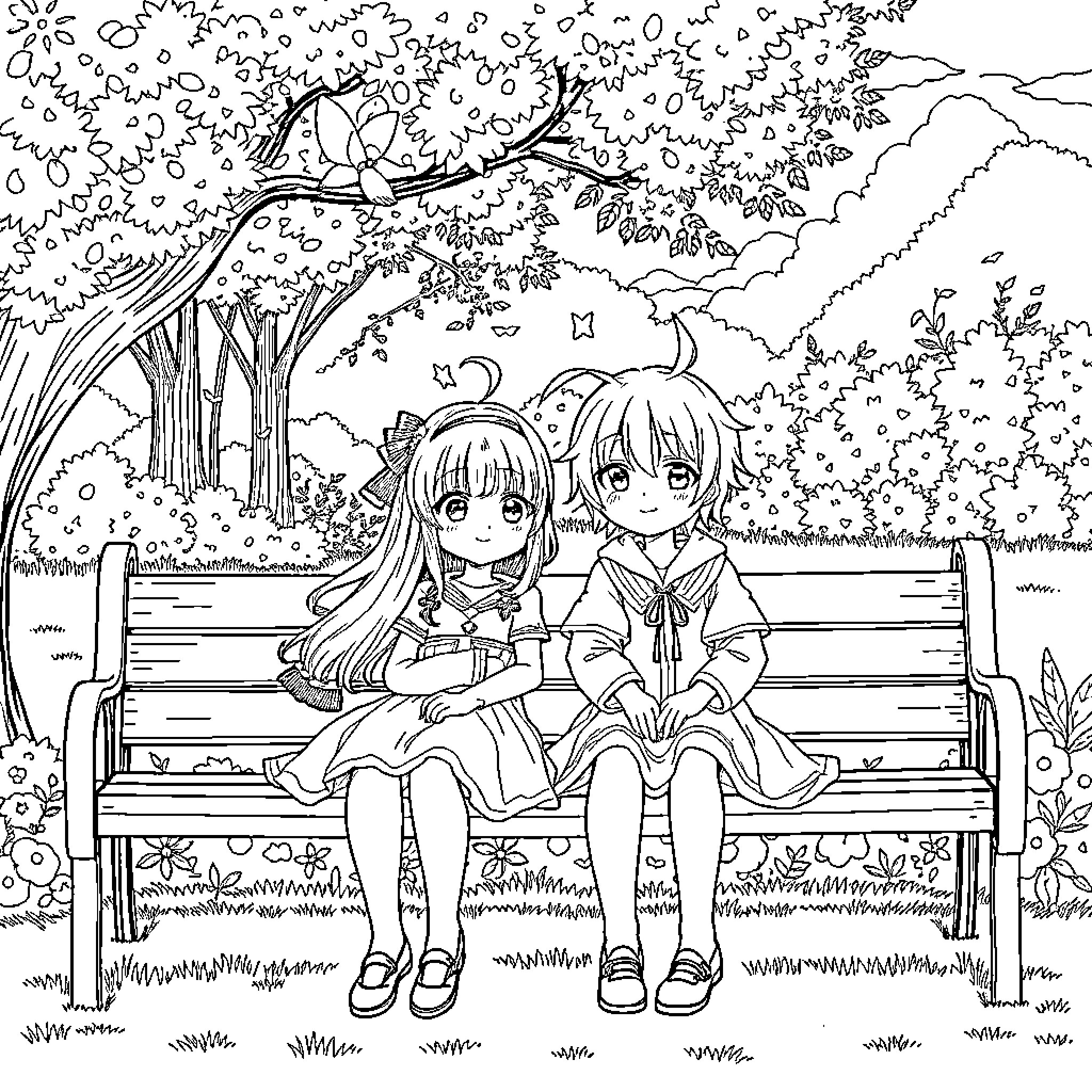 Kuromi and friends enjoying a tranquil park scene Coloring Page (free black-and-white line drawing printable PDF for all, from beginners to advanced learners, including children, teens, adults, and seniors)