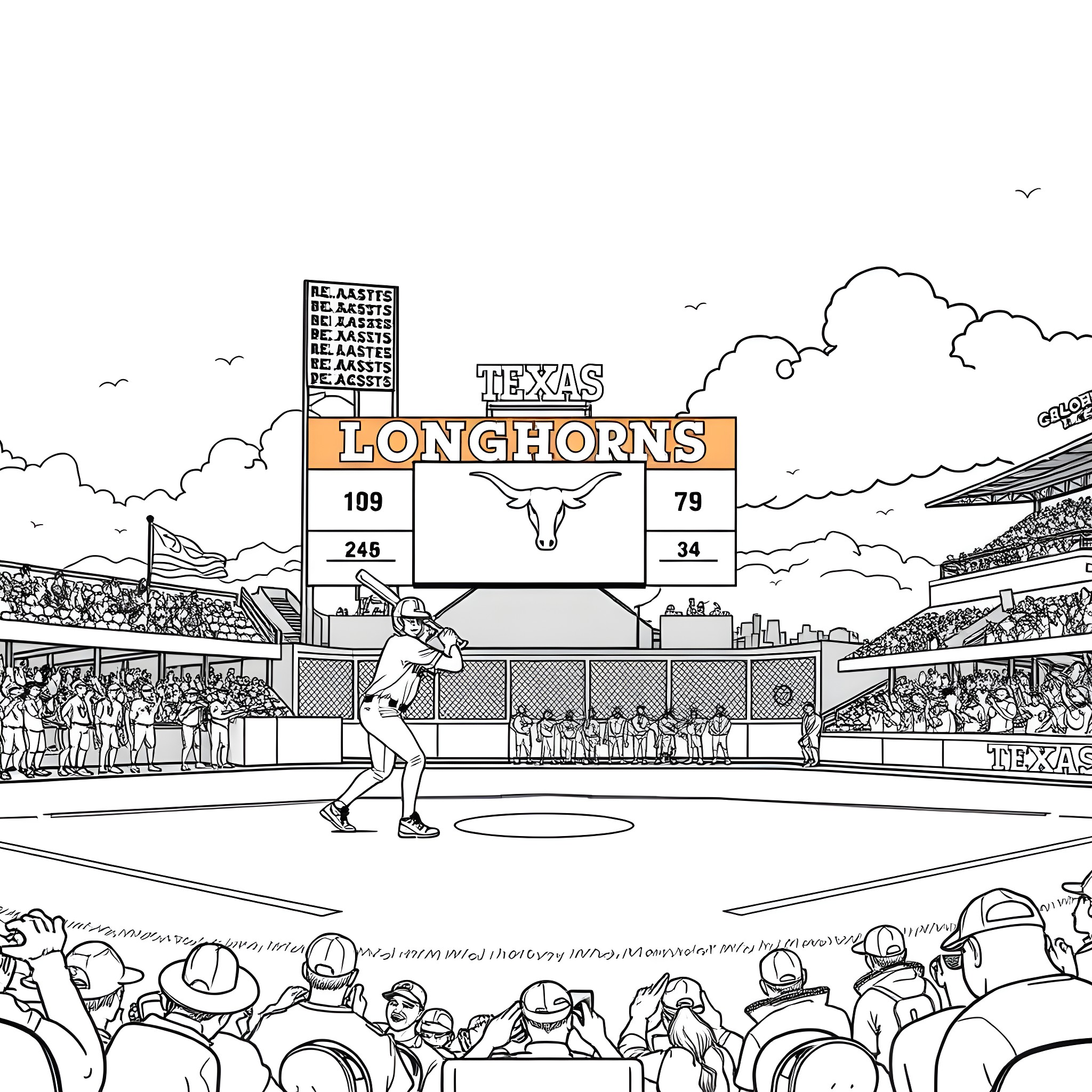Texas Longhorns baseball players competing in a game Coloring Page (free black-and-white line drawing printable PDF for all, from beginners to advanced learners, including children, teens, adults, and seniors)