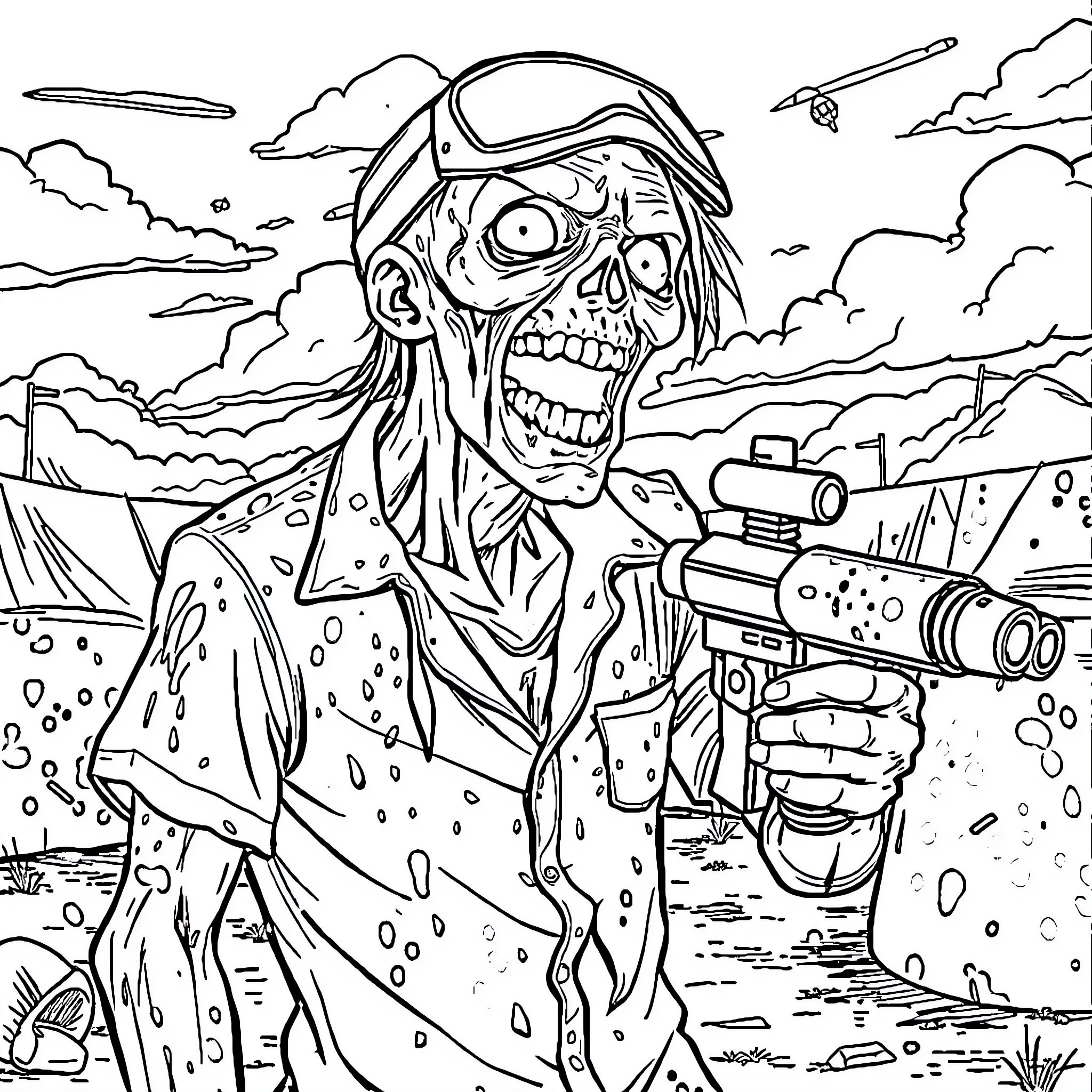 Zombie soldier wielding a rifle in the battlefield Coloring Page (free black-and-white line drawing printable PDF for all, from beginners to advanced learners, including children, teens, adults, and seniors)