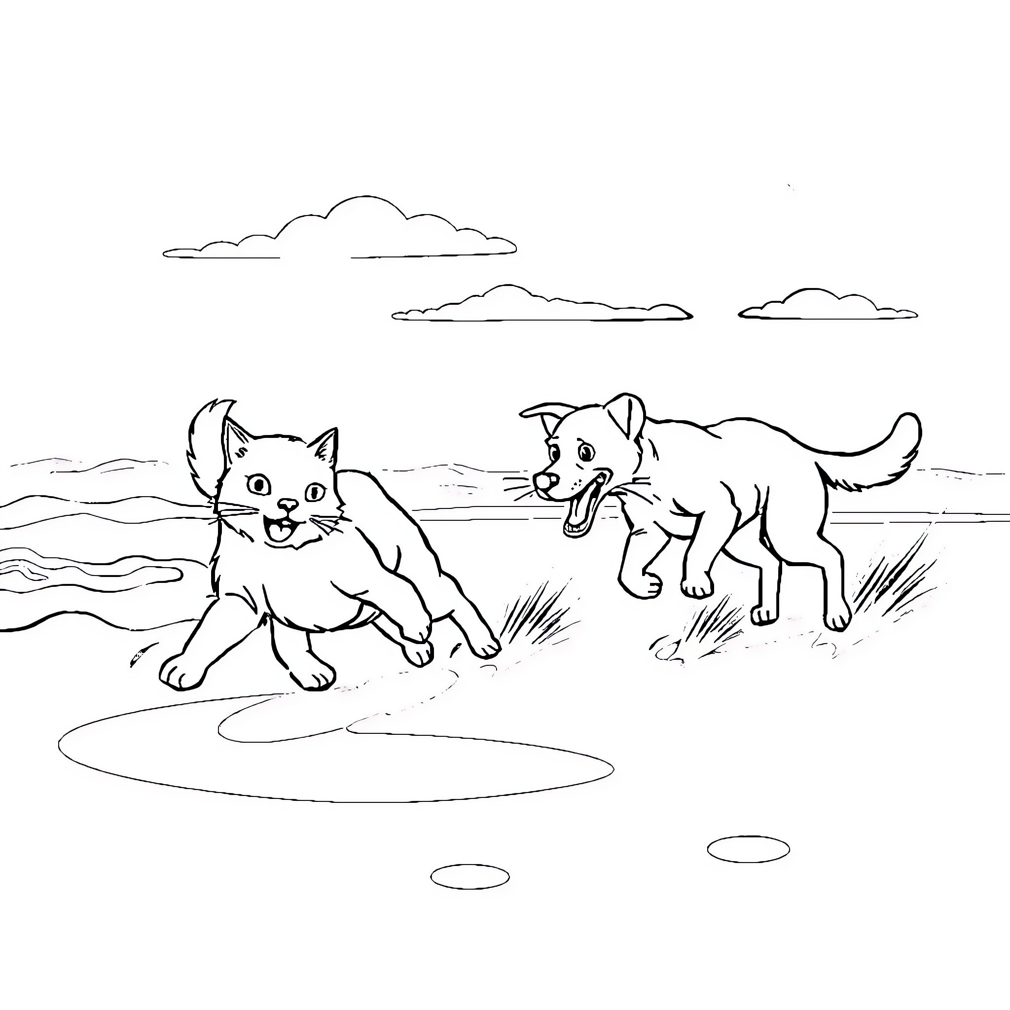 Cats playing in the field Coloring Page (free black-and-white line drawing printable PDF for all, from beginners to advanced learners, including children, teens, adults, and seniors)