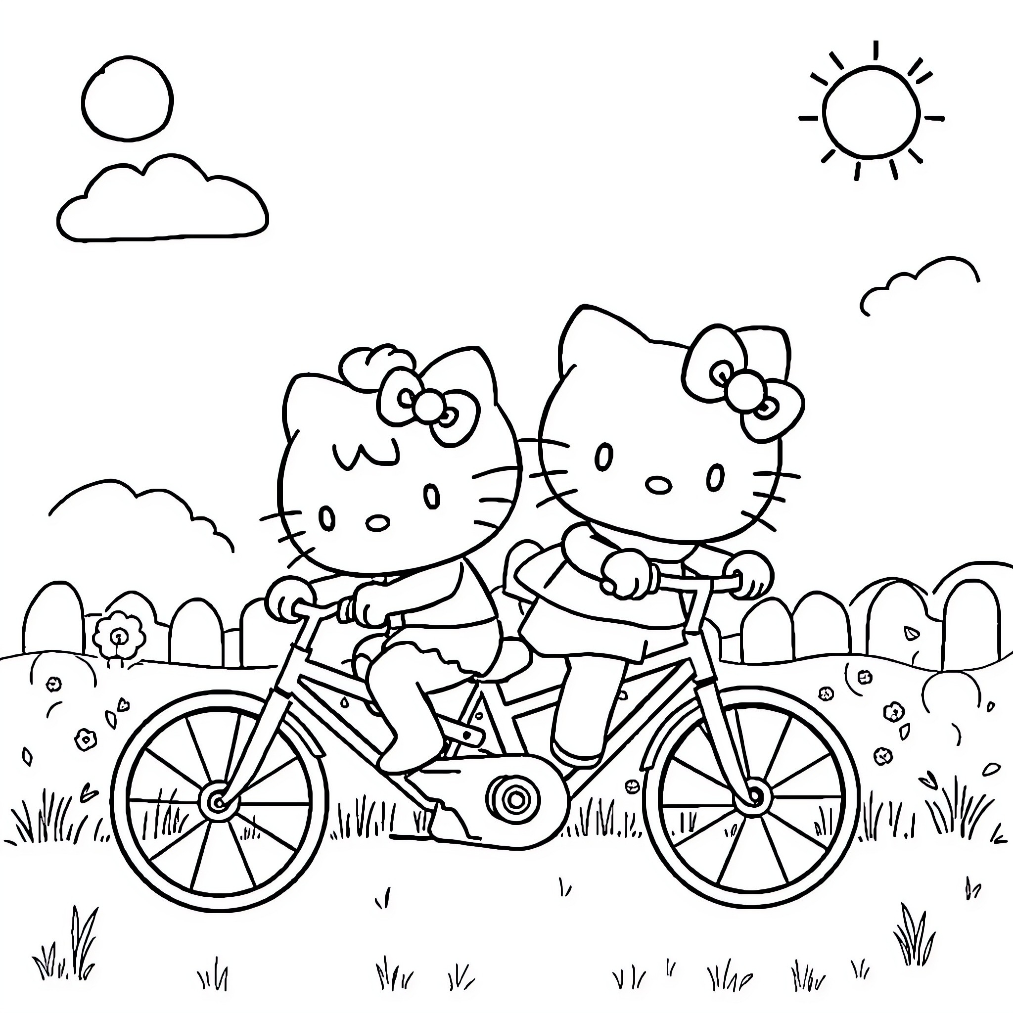 Hello Kitty and friend ride bicycles in the park Coloring Page (free black-and-white line drawing printable PDF for all, from beginners to advanced learners, including children, teens, adults, and seniors)