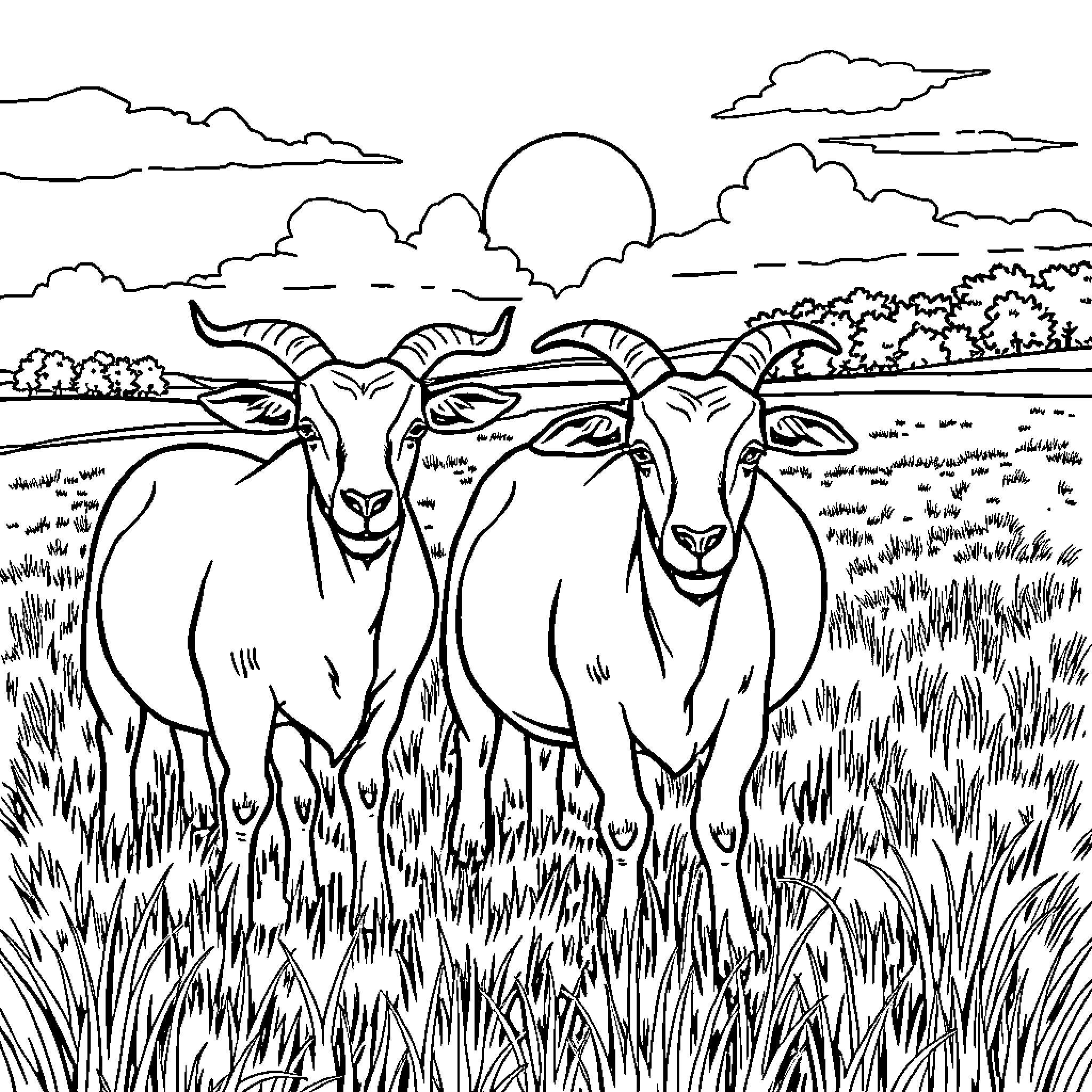 Goats grazing in a peaceful countryside landscape Coloring Page (free black-and-white line drawing printable PDF for all, from beginners to advanced learners, including children, teens, adults, and seniors)
