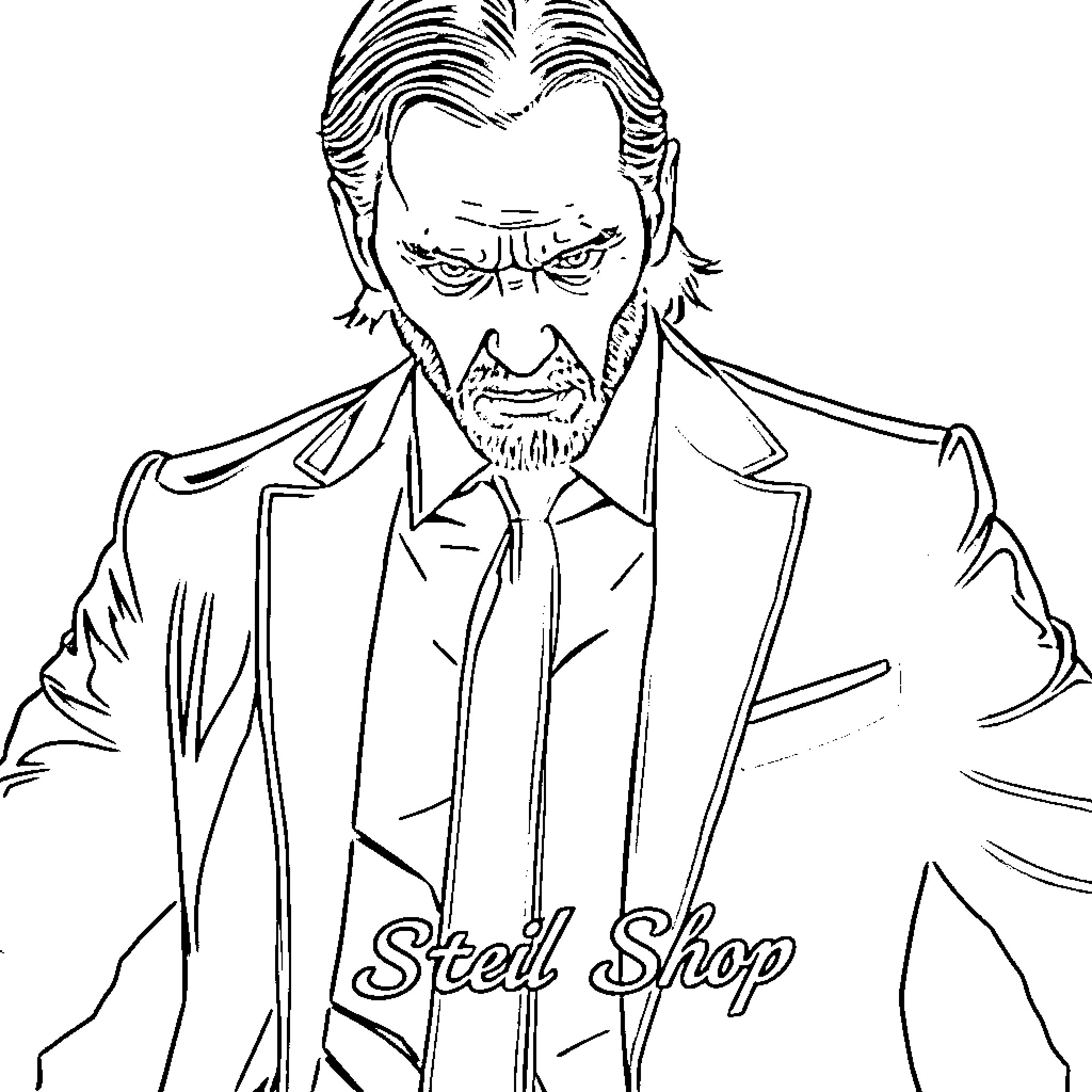 John Wick in Intense Confrontation Coloring Page (free black-and-white line drawing printable PDF for all, from beginners to advanced learners, including children, teens, adults, and seniors)