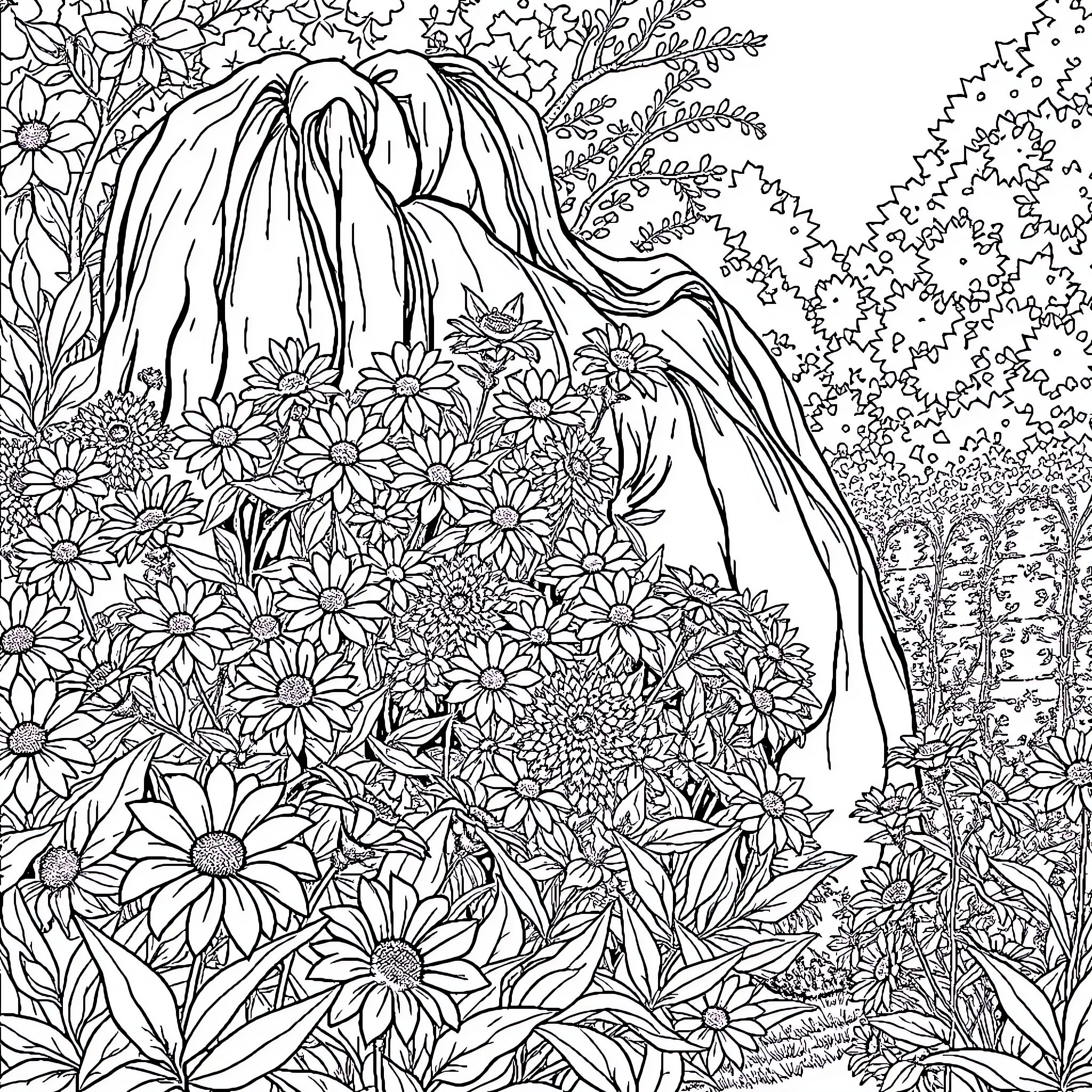Hydrangea in a Blossoming Garden Coloring Page (free black-and-white line drawing printable PDF for all, from beginners to advanced learners, including children, teens, adults, and seniors)