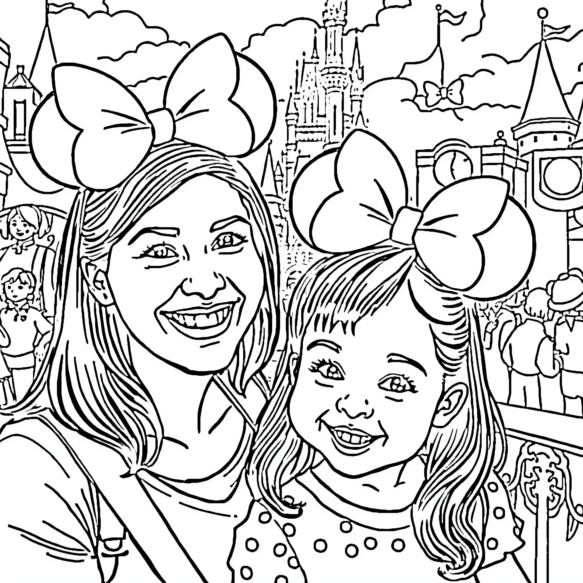 Mother and daughter enjoying the magical theme park Coloring Page (free black-and-white line drawing printable PDF for all, from beginners to advanced learners, including children, teens, adults, and seniors)