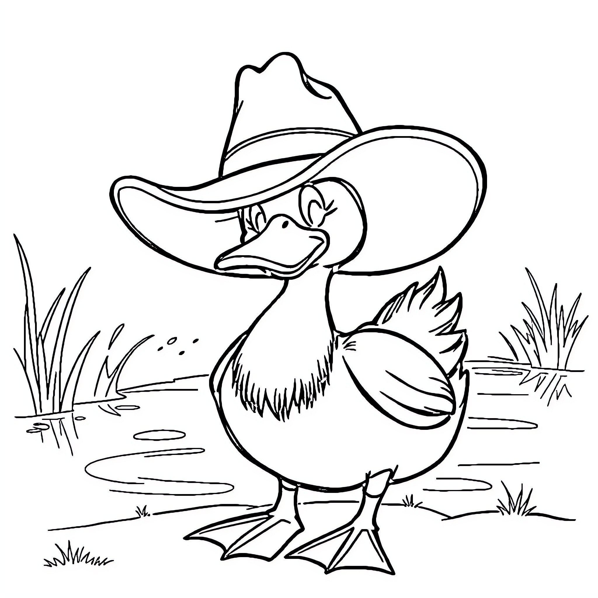 Duck wearing a cowboy hat in a natural setting Coloring Page (free black-and-white line drawing printable PDF for all, from beginners to advanced learners, including children, teens, adults, and seniors)