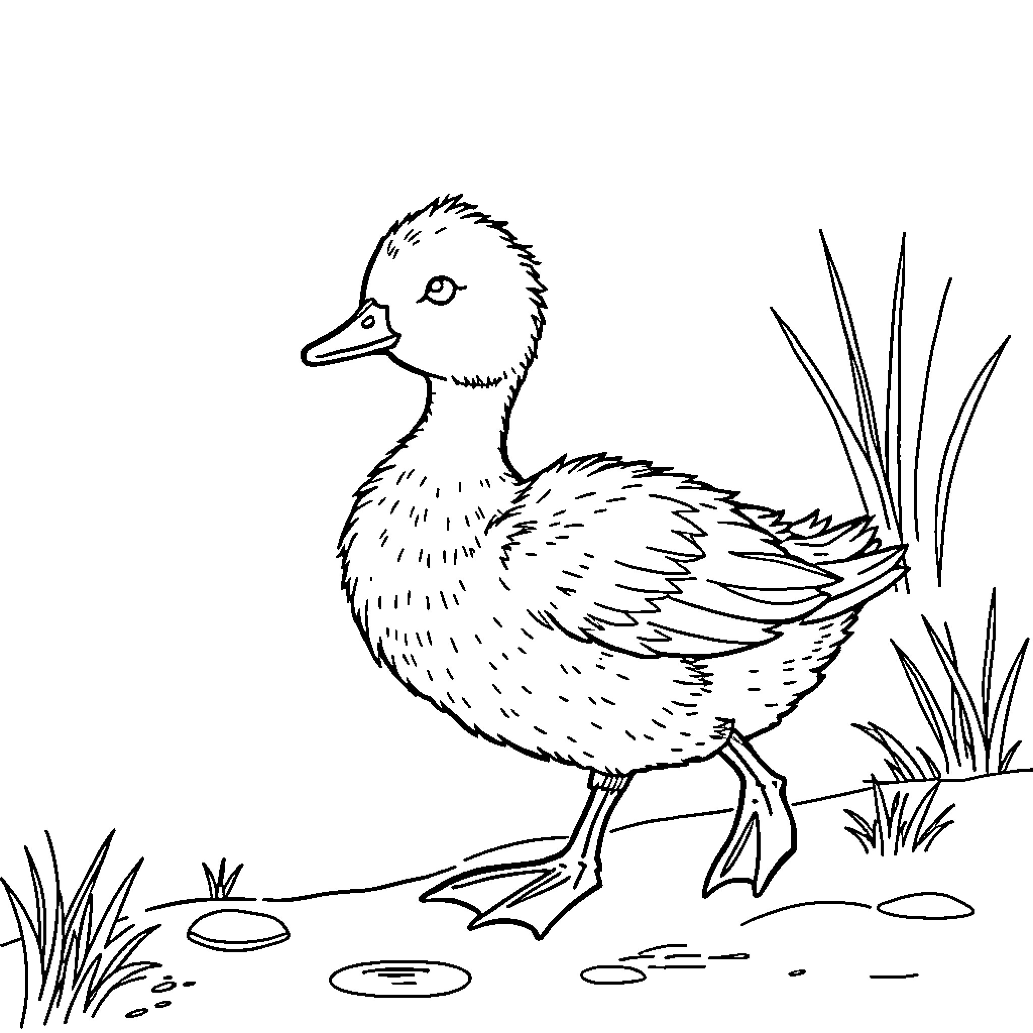 Duck wandering through the pond Coloring Page (free black-and-white line drawing printable PDF for all, from beginners to advanced learners, including children, teens, adults, and seniors)